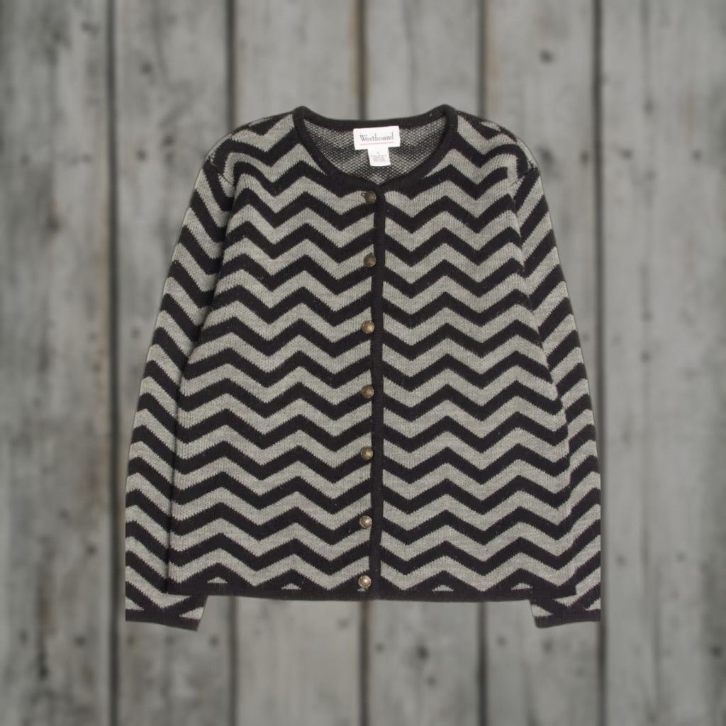 Vintage VINTAGE Westbound Cardigan Black Small Sweater Knit Zigzag Pattern 80s Chevron Fibers Size S / US 4 / IT 40 - 1 Thumbnail