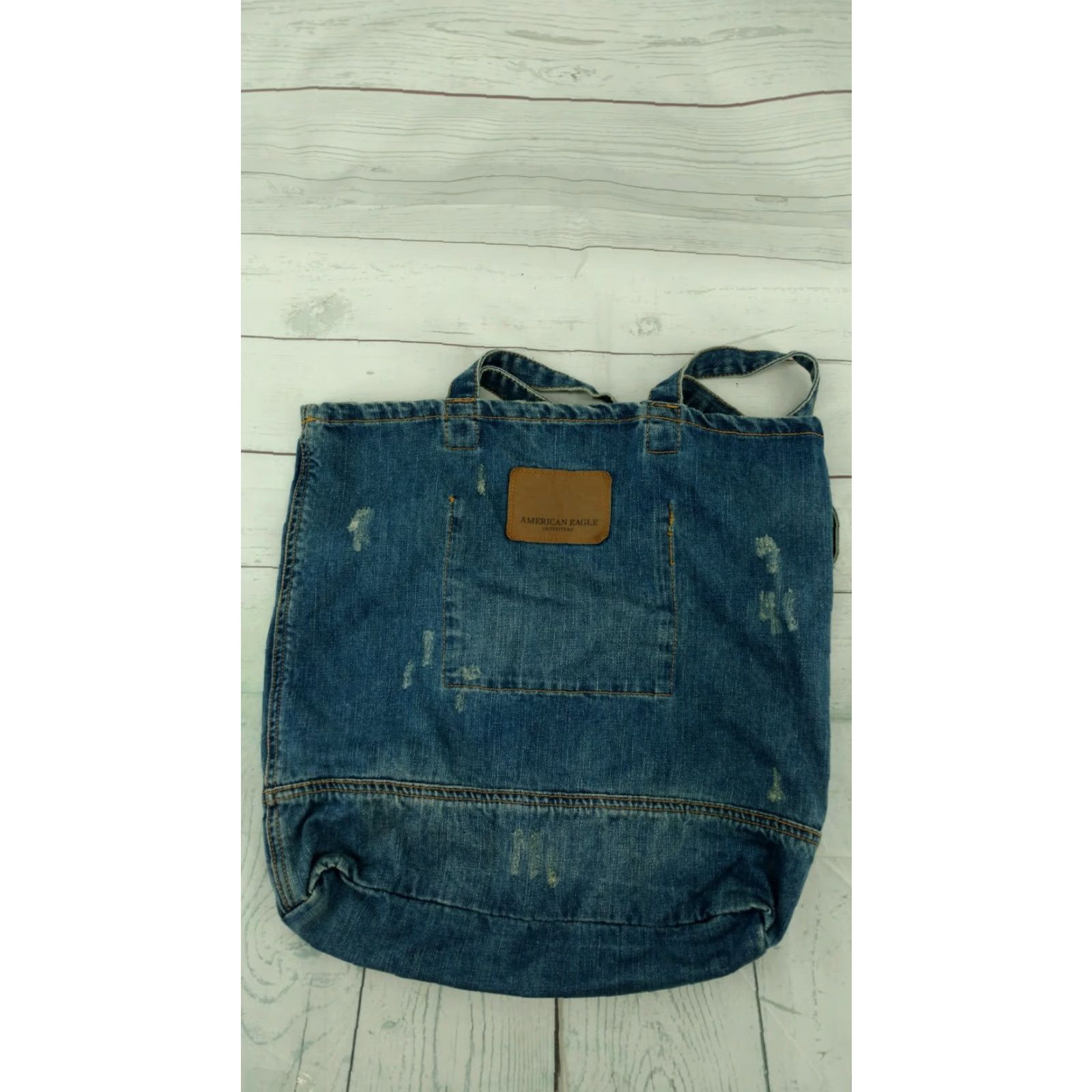 American Eagle Outfitters American Eagle Outfitters Tote Bag 100% Cotton Blue Jean Denim Distressed Reusable Tote Bags Womens Medium Blue Denim Size 32" / US 10 / IT 46 - 4 Thumbnail