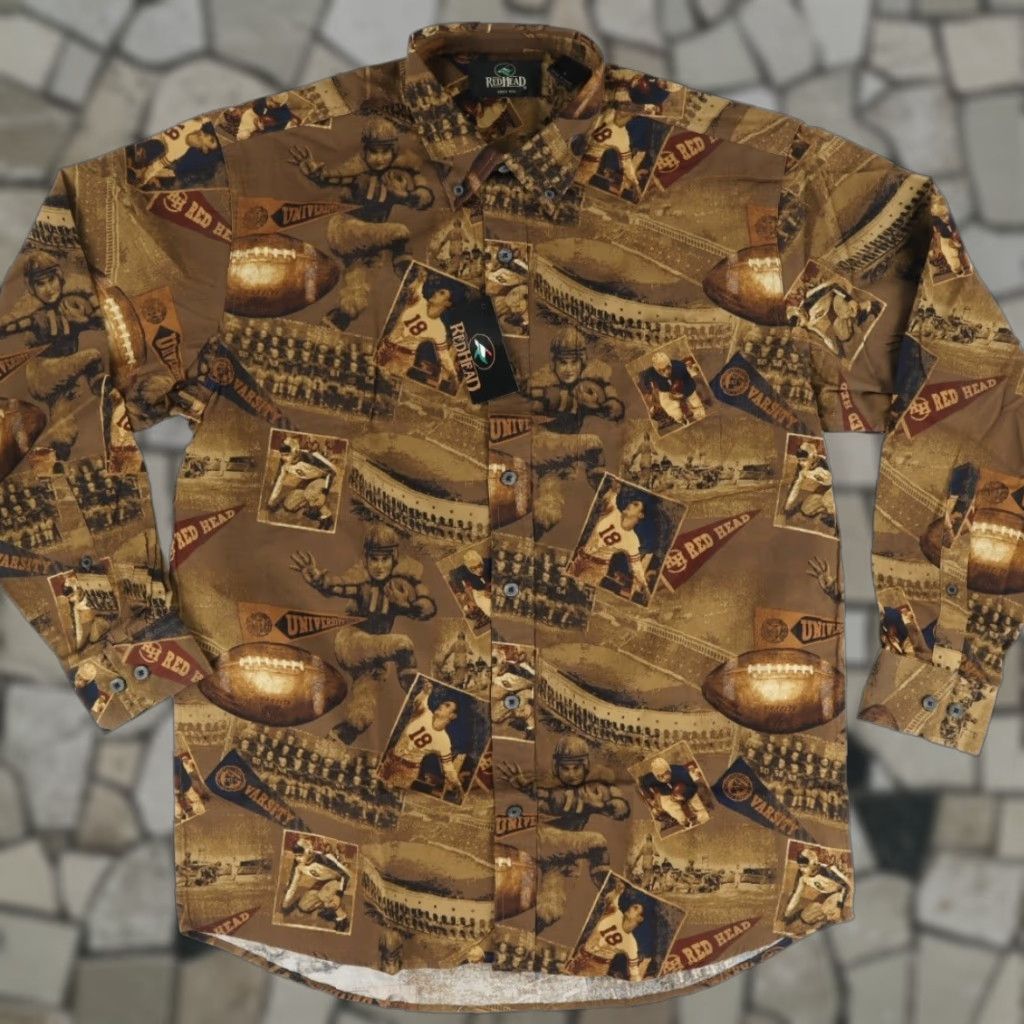 Vintage Redhead Football Cotton All Over Print Long Sleeve Button Down Shirt Brown Men's L Size US L / EU 52-54 / 3 - 1 Thumbnail