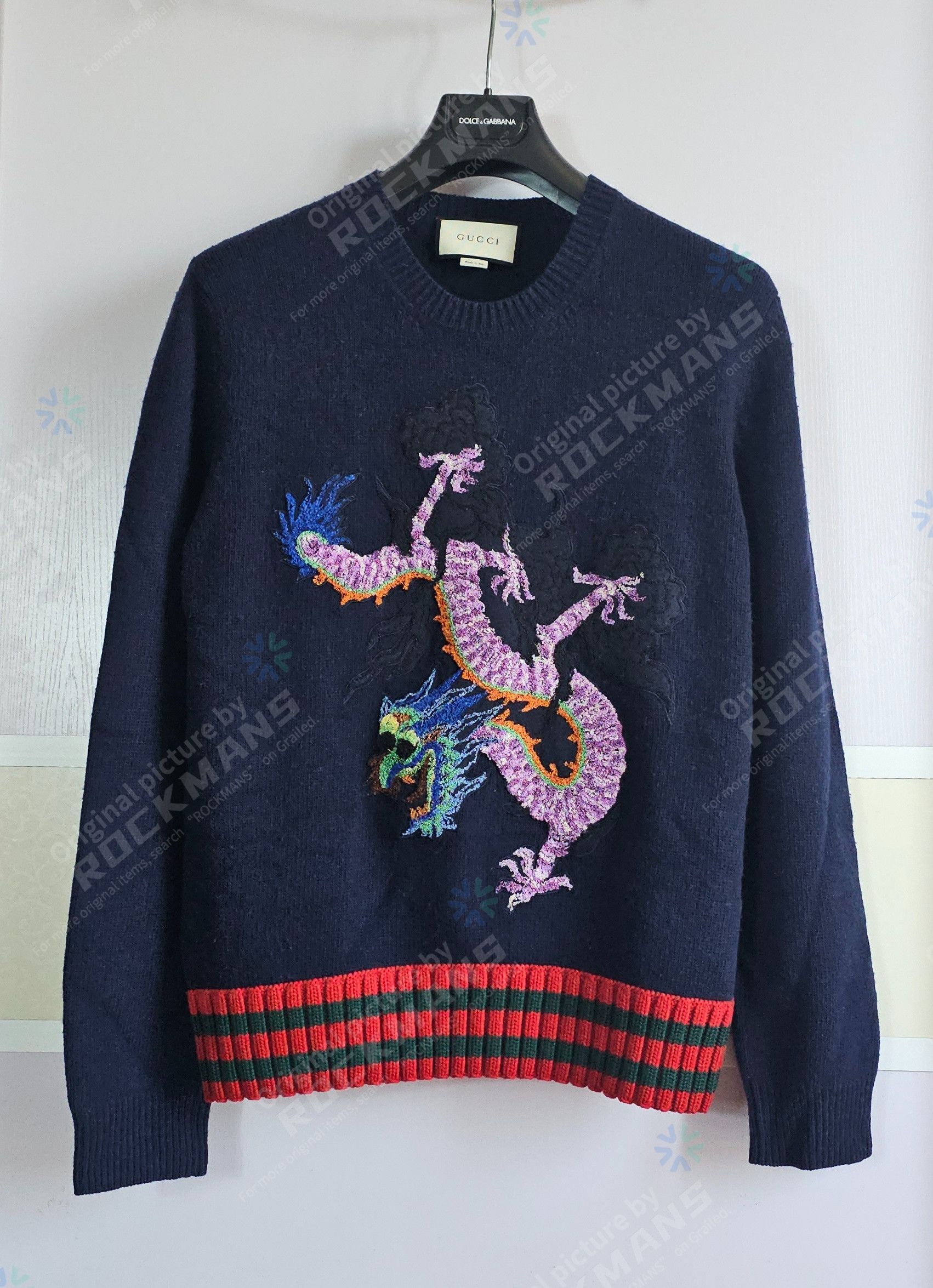 Gucci Gucci Navy Blue Dragon Appliqué Wool Sweater Size M Size US M / EU 48-50 / 2 - 2 Thumbnail