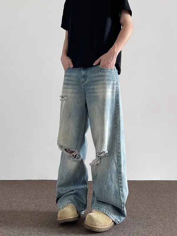 VIBE Blue Baggy Distressed Denim Jeans, Loose Wide Leg Jeans Size US 32 / EU 48 - 8 Thumbnail