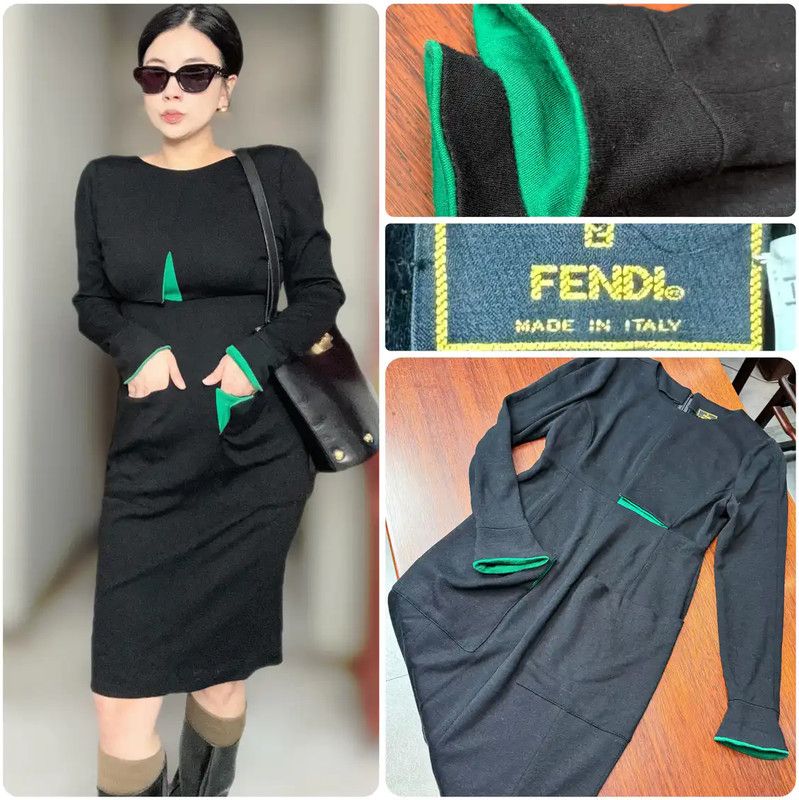 Fendi Fendi Black Wool Dress with Green Details 0089 Size ONE SIZE - 1 Thumbnail