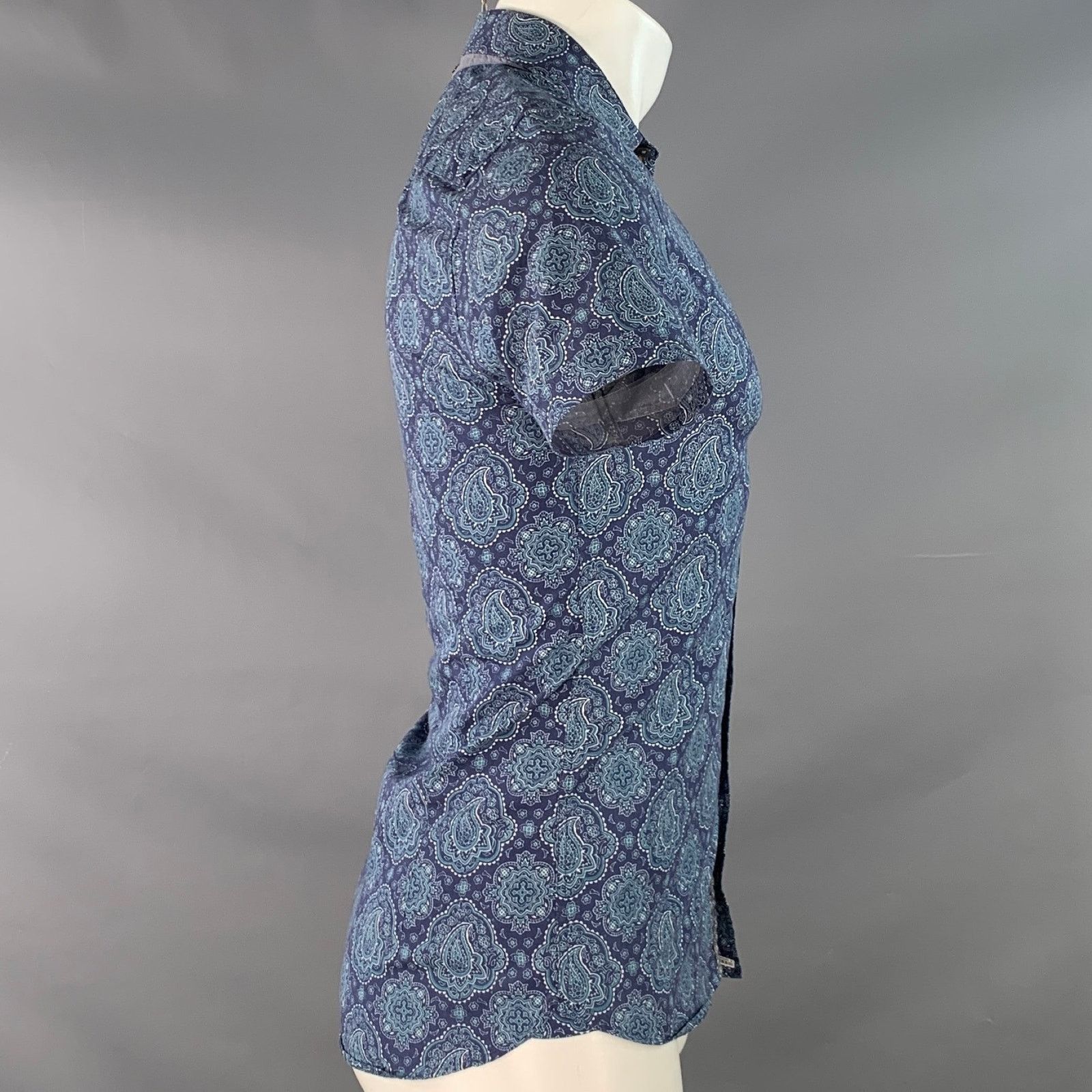 Ted Baker Bcrumbs Navy Green Paisley Cotton Spread Collar Short Sleeve Size US S / EU 44-46 / 1 - 3 Thumbnail