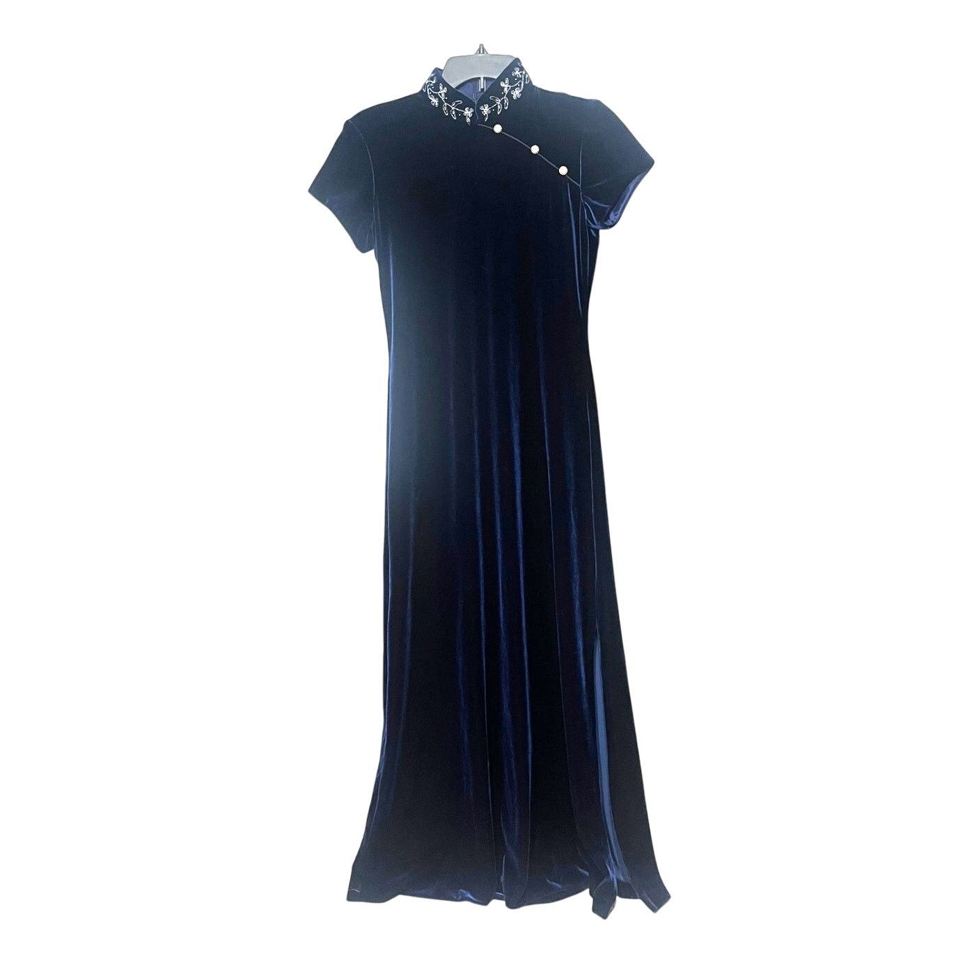 Vintage Cheongsam Dress Mandarin Collar Chinese Navy Blue Velvet 6 Size M / US 6-8 / IT 42-44 - 1 Thumbnail