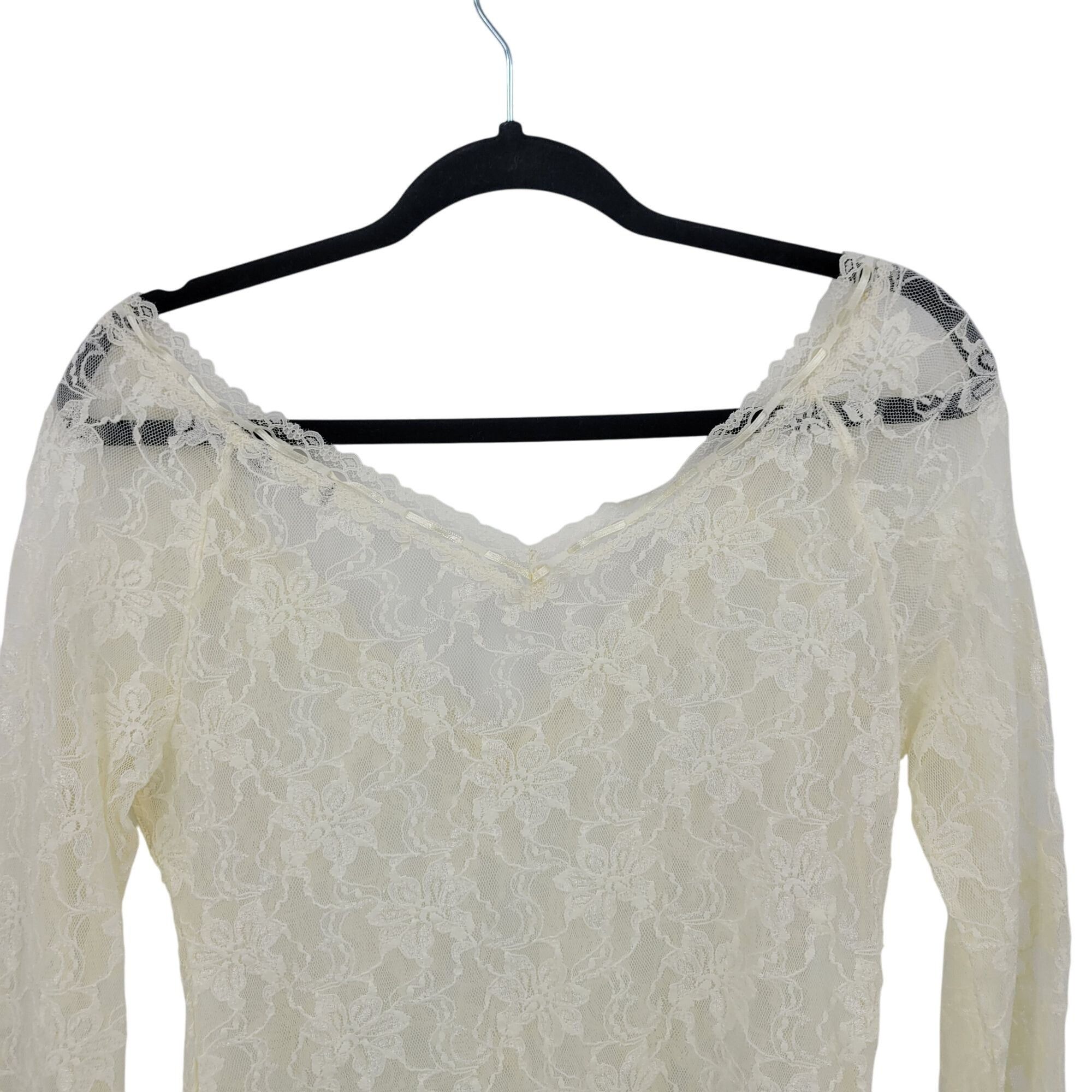 Vintage Vtg 80s Vanilla Floral Lace V-Neck Top Ribbon Trim Sheer Str Size S / US 4 / IT 40 - 7 Thumbnail