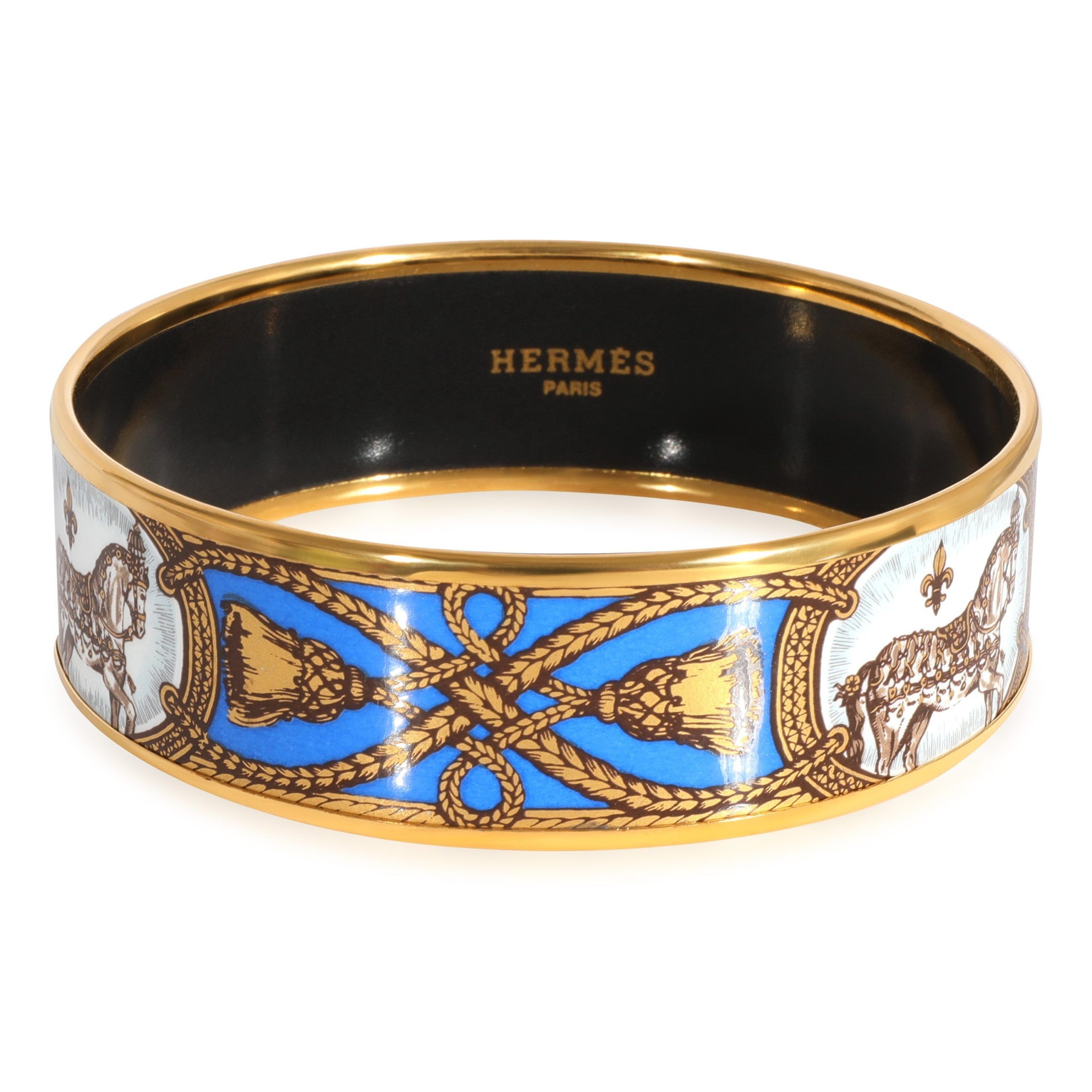 image of Hermes Plated Cobalt Blue Enamel Grand Apparat Wide Bracelet in Yellow, Women's