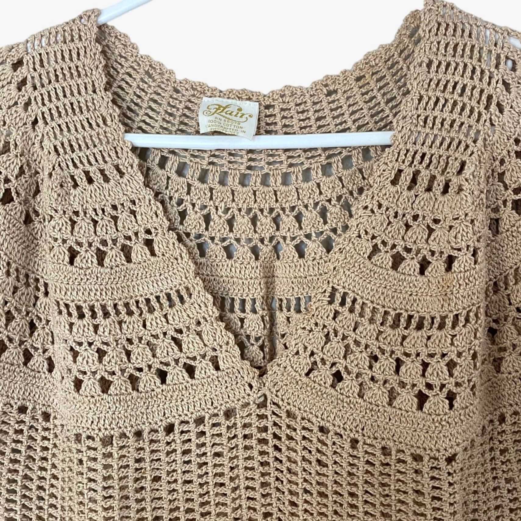 Vintage VINTAGE Flair Boho Crochet Knit V-Neck Blouse Womens Medium Short Sleeve Top Tan Beige Cotton Size M / US 6-8 / IT 42-44 - 5 Thumbnail