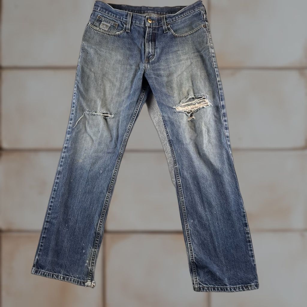 Vintage Cinch Jeans Mens 35x32 Fits 34x30 Distressed Blue Cowboy Straight Workwear Reading READ Size US 35 - 1 Thumbnail