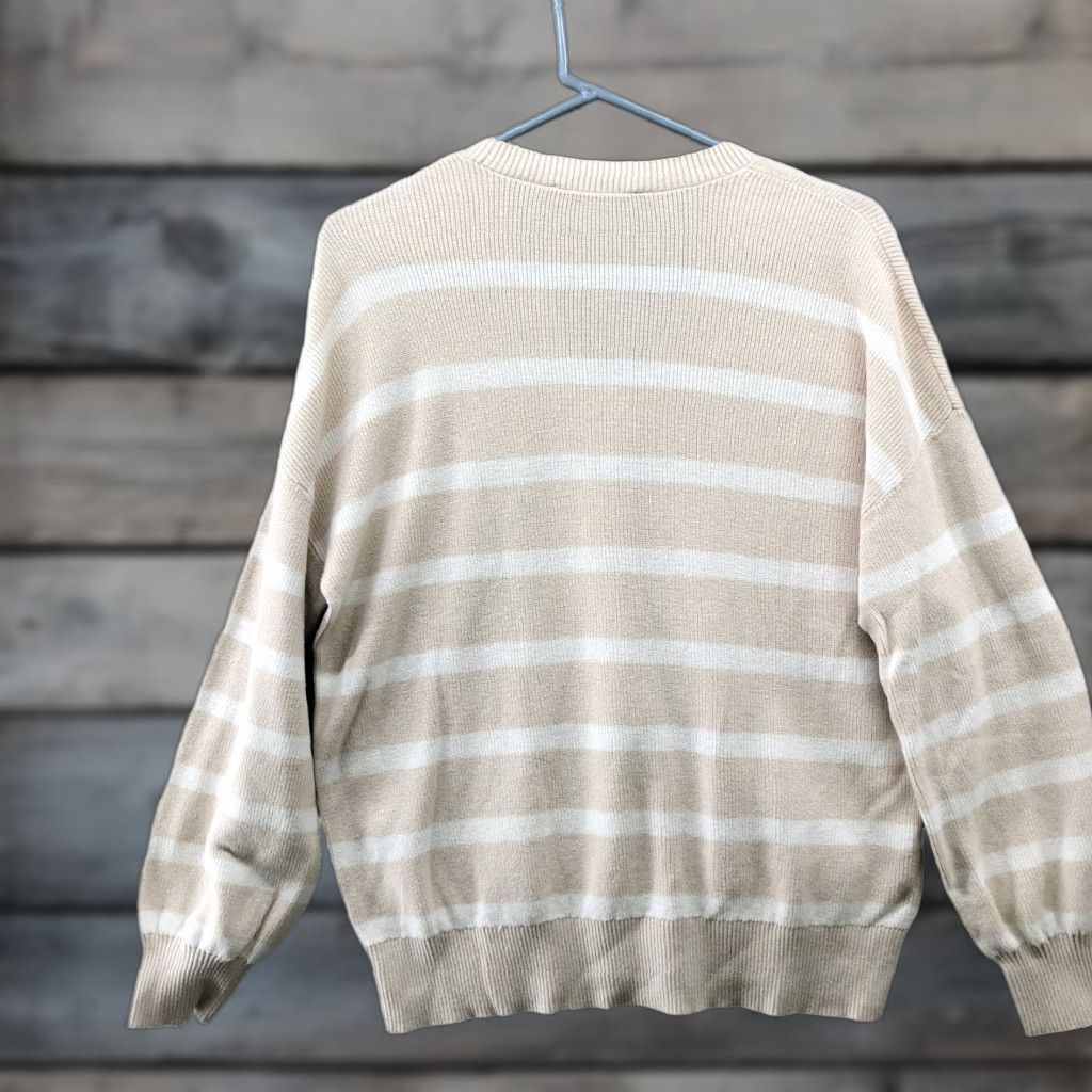 Loft Loft Sweater Womens L 1/4 Button Beige White Striped Cotton Pullover V-Neck Shirt Size L / US 10 / IT 46 - 1 Thumbnail