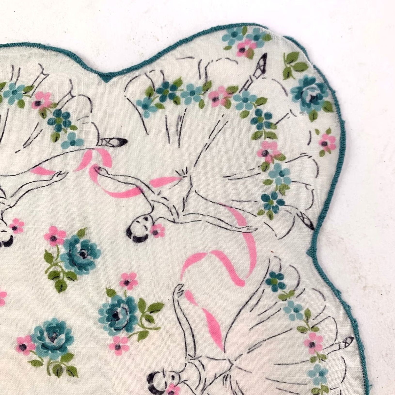 Vintage VINTAGE Handkerchief Ballerina Floral Scalloped White Teal Pink Fabric 12 x 12 Women Size ONE SIZE - 5 Thumbnail