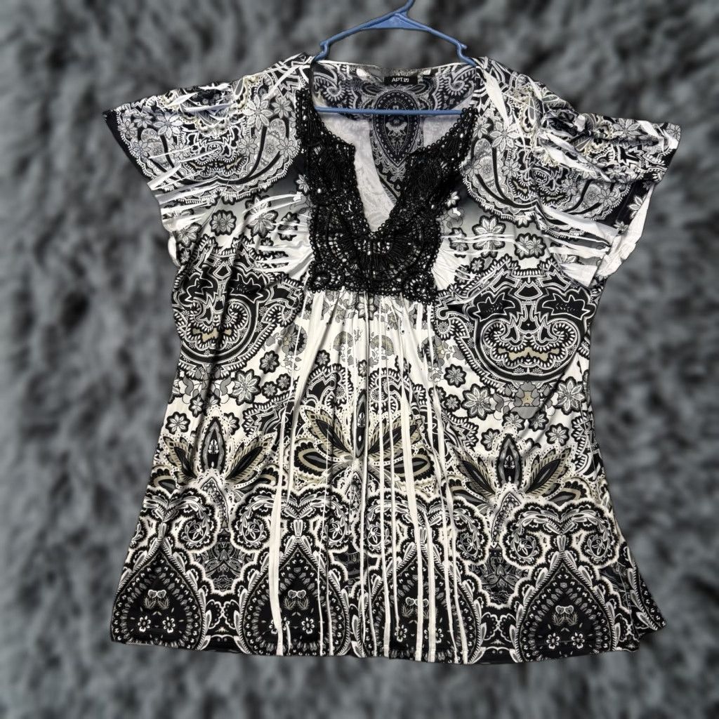 Vintage Apt 9 Dark Boho Glam Top 3X Plus Blouse Women Relaxed Knit Black Paisley Pattern Boho Whimsigoth Y2K Festival Fairy Grunge Fashion Size XXL / US 16-18 / IT 52-54 - 1 Thumbnail