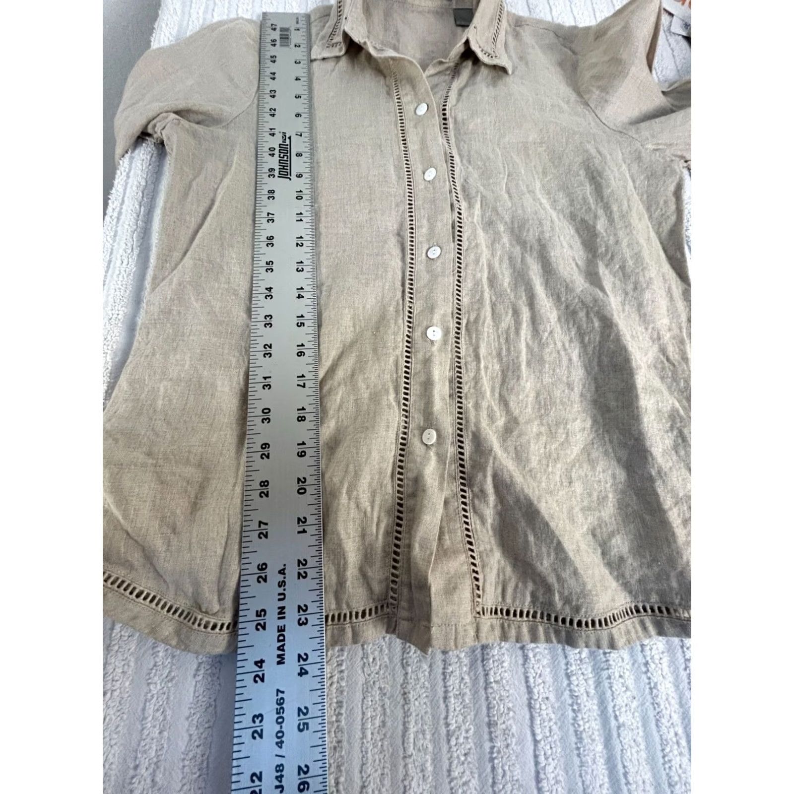 Liz Claiborne Liz Claiborne Shirt Womens Beige 3/4 Sleeve Lace Insert Linen Button-Up Small Size L / US 10 / IT 46 - 8 Thumbnail