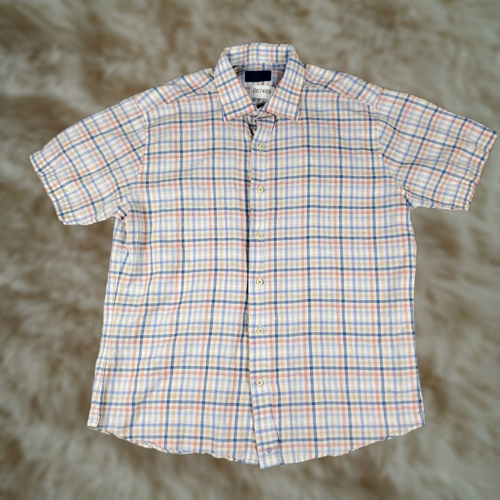 David Donahue David Donahue Shirt Mens Large Blue Plaid Linen Button Up Short Sleeve Size US L / EU 52-54 / 3 - 1 Thumbnail