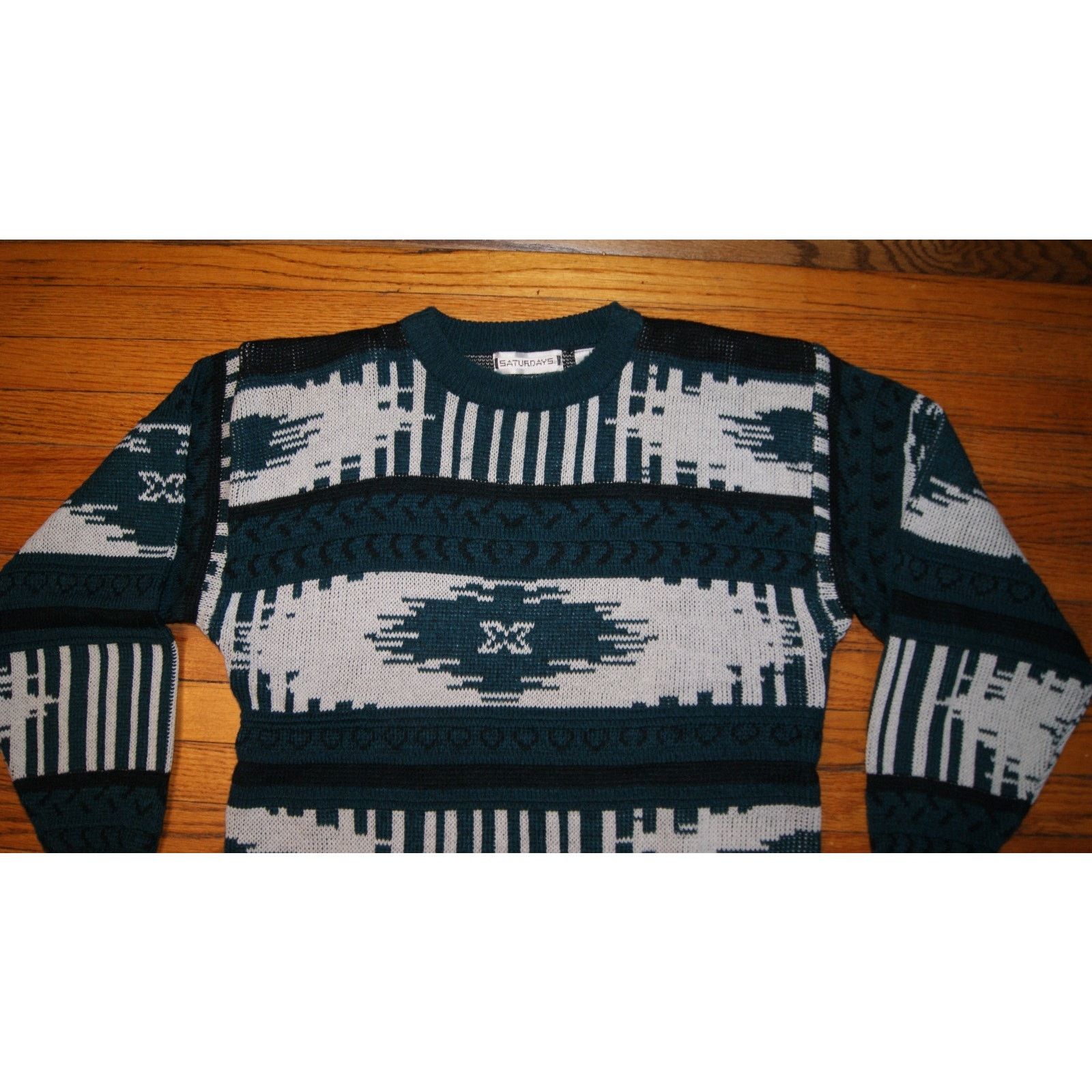 Vintage VTG Sweater Men L Teal Black Ivory Crewneck Geometric Modern Size US L / EU 52-54 / 3 - 2 Thumbnail