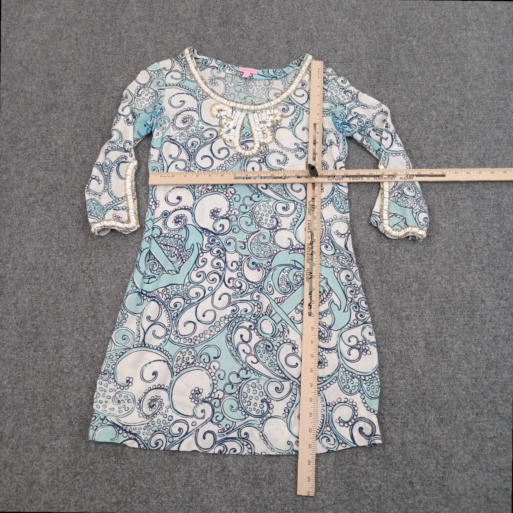 Lilly Pulitzer Lilly Pulitzer Womens Small Blue White 3/4 Sleeve Beaded Short Tunic Dress Size S / US 4 / IT 40 - 2 Thumbnail