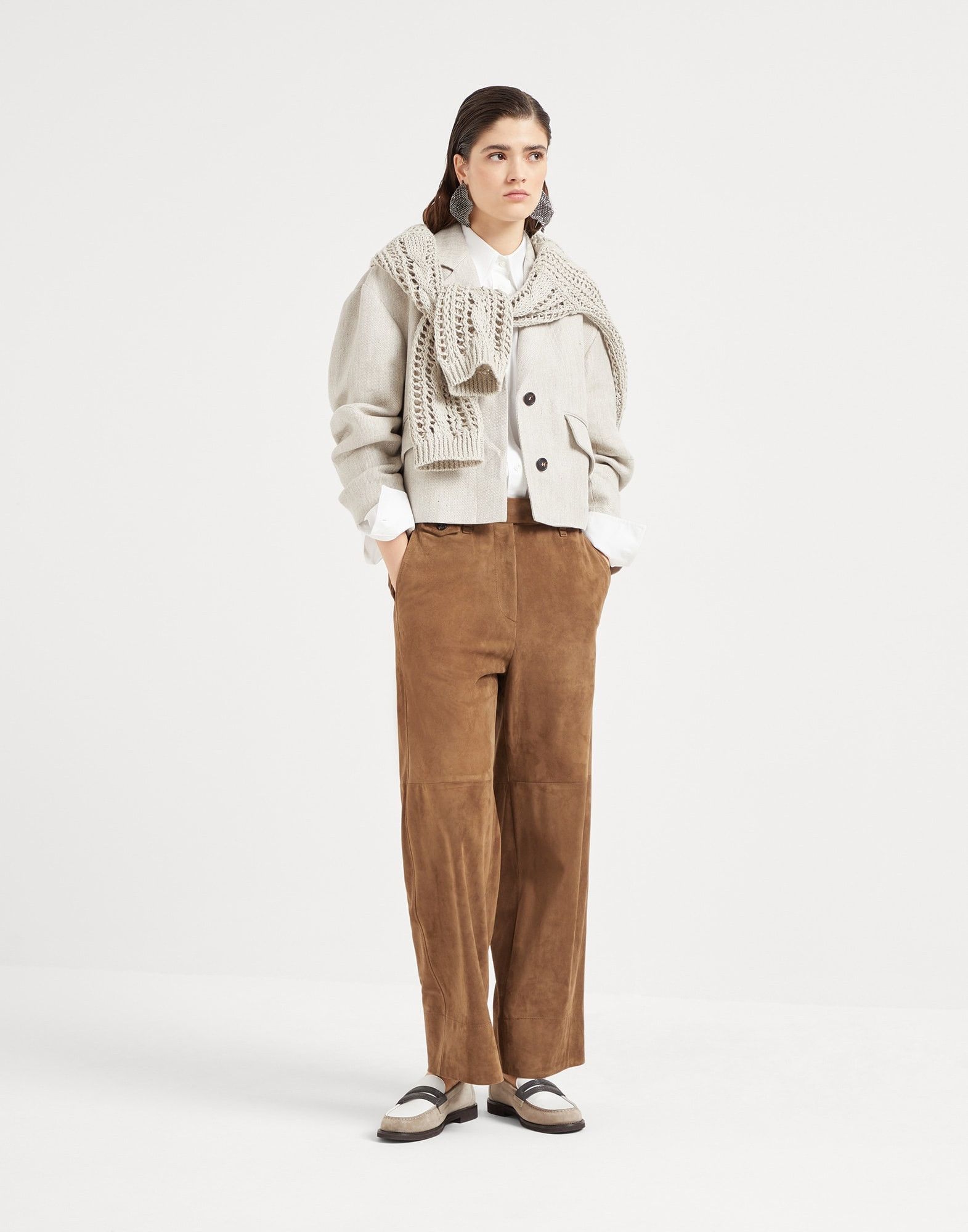 Brunello Cucinelli o1la1rc1a0326 Suede Cropped Chino Trousers in Brown Size 25" / US 0 / IT 36 - 3 Thumbnail