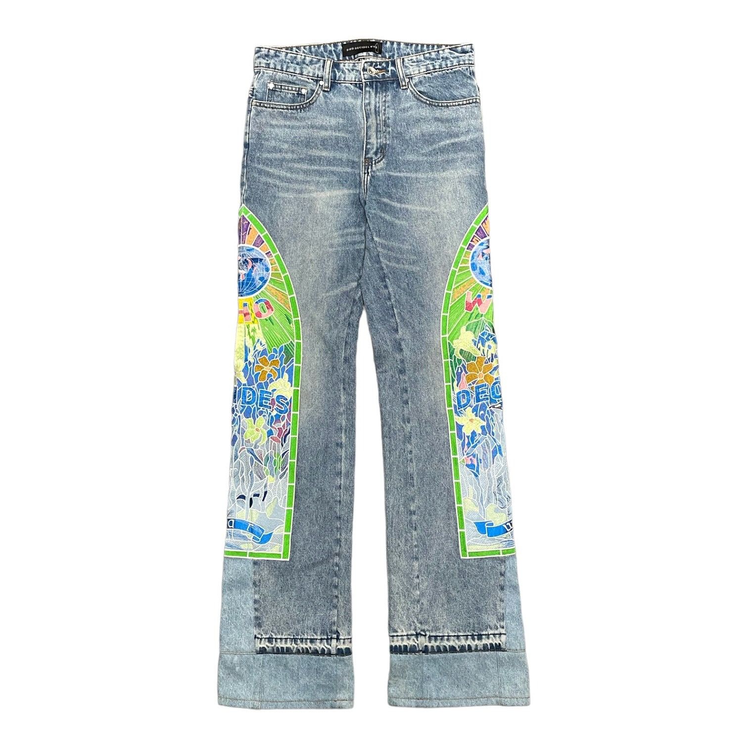 Pre-owned Amiri Who Decides War By Mrdr Brvdo Cowboy Embroidered Jeans Sky In Sky Indigo