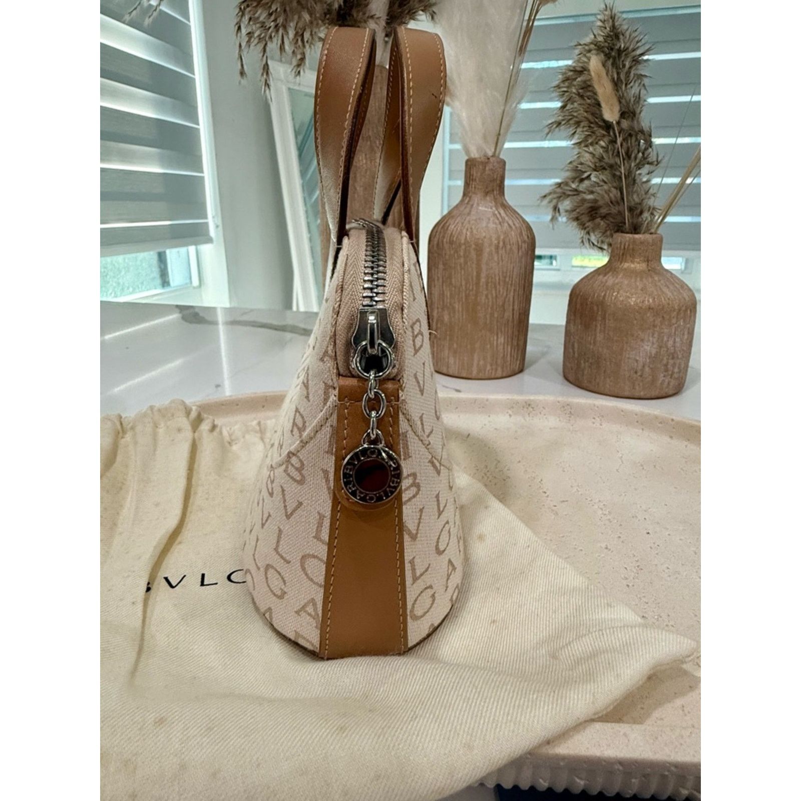 Bvlgari Bvlgari Logomania Mini Tote Bag - Beige Canvas & Tan Leather Size ONE SIZE - 6 Thumbnail