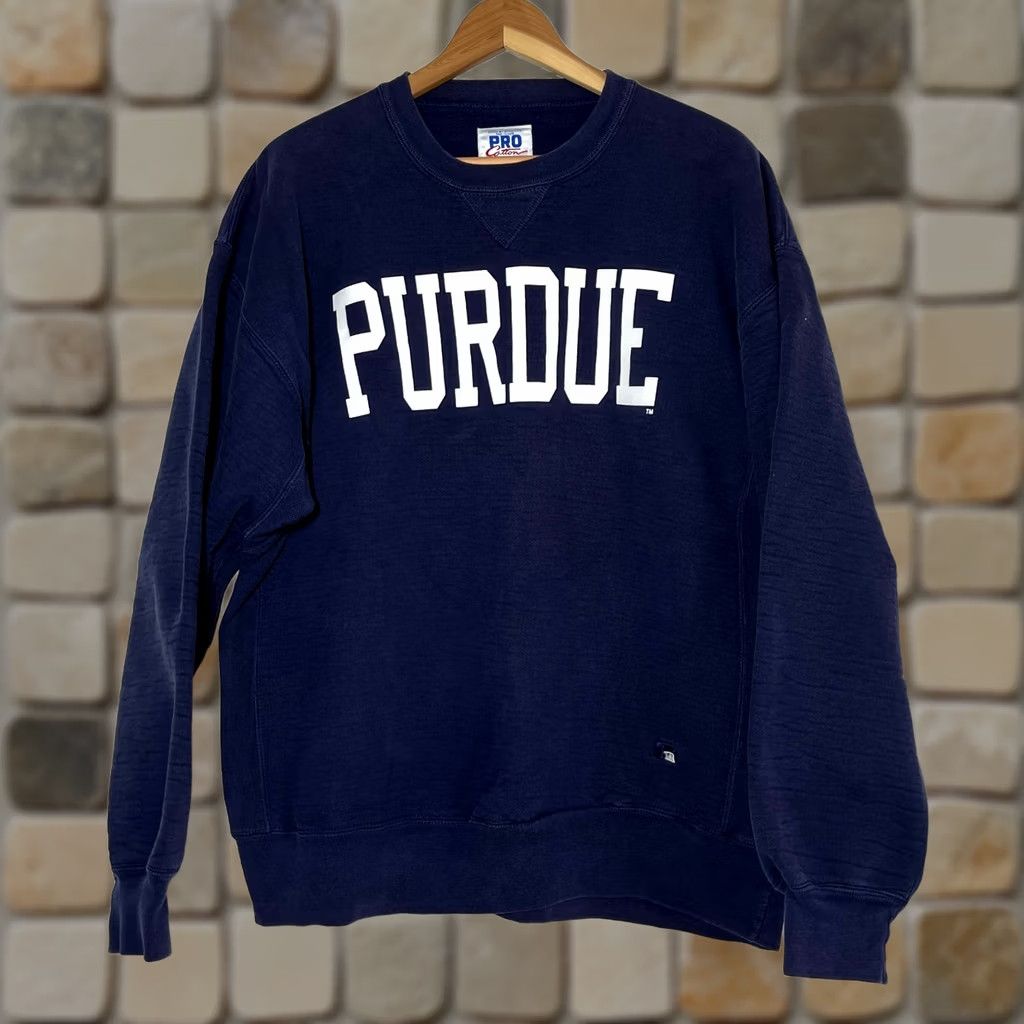Russell Athletic VINTAGE Purdue University Sweatshirt Russell Athletic Crew Neck Mens XL Navy Blue 90s USA Logo Heavyweight Pullover Cotton Blend Made in USA Size US XL / EU 56 / 4 - 1 Thumbnail