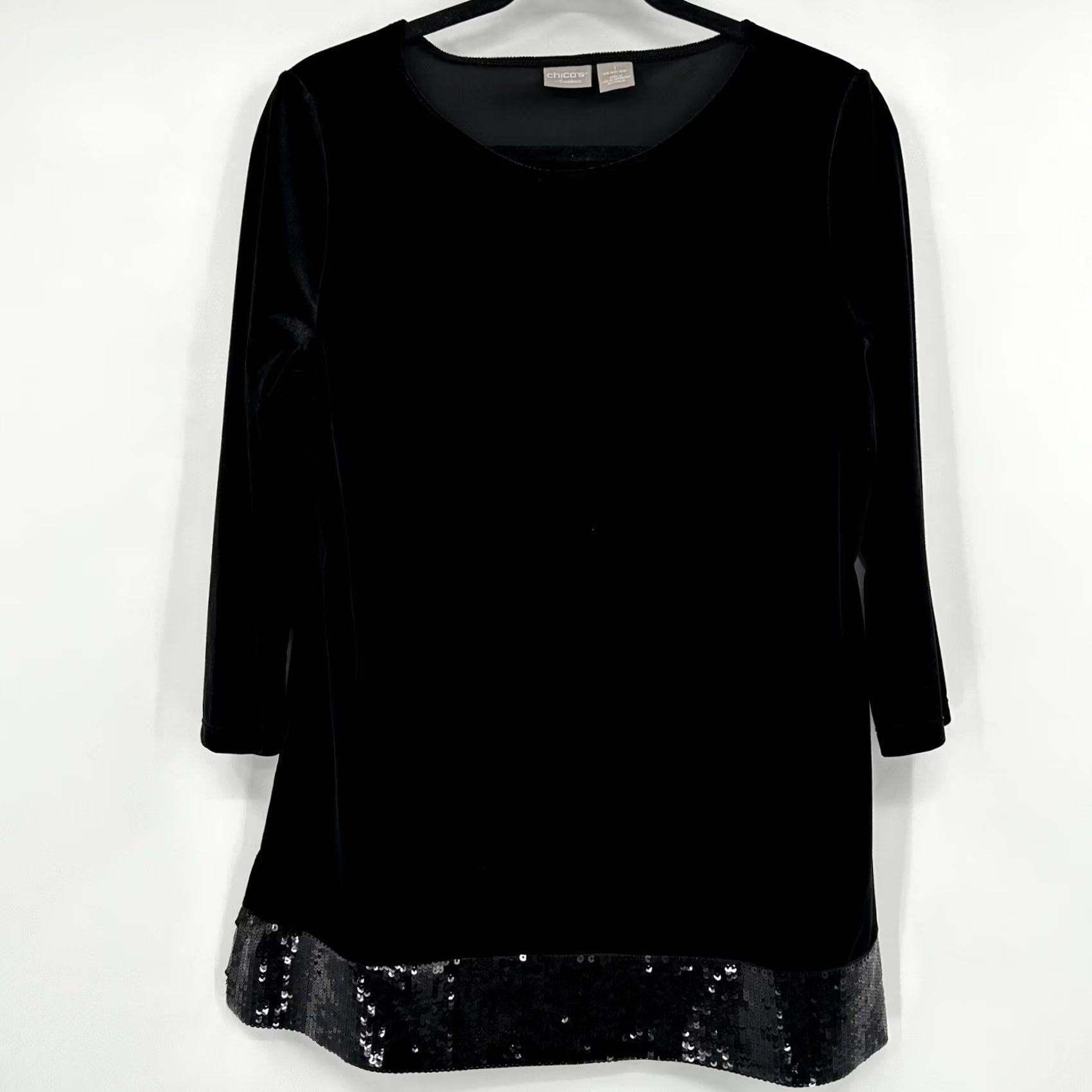 Vintage Chicos Travelers Black Velvet Tunic Top Sequin Hem 3/4 Sleeves Scoop Neck Party Holiday Travel Womens M Size M / US 6-8 / IT 42-44 - 2 Thumbnail