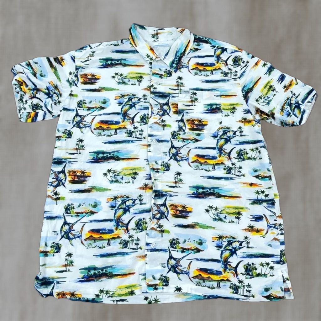 Vintage Columbia Shirt Men Large White Button-Up Hawaiian Beach Island Marlin Fish Size US L / EU 52-54 / 3 - 1 Thumbnail