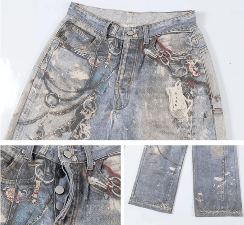 Japanese Brand × Vintage 3D Chain Printed Baggy Jeans Size US 32 / EU 48 - 3 Thumbnail