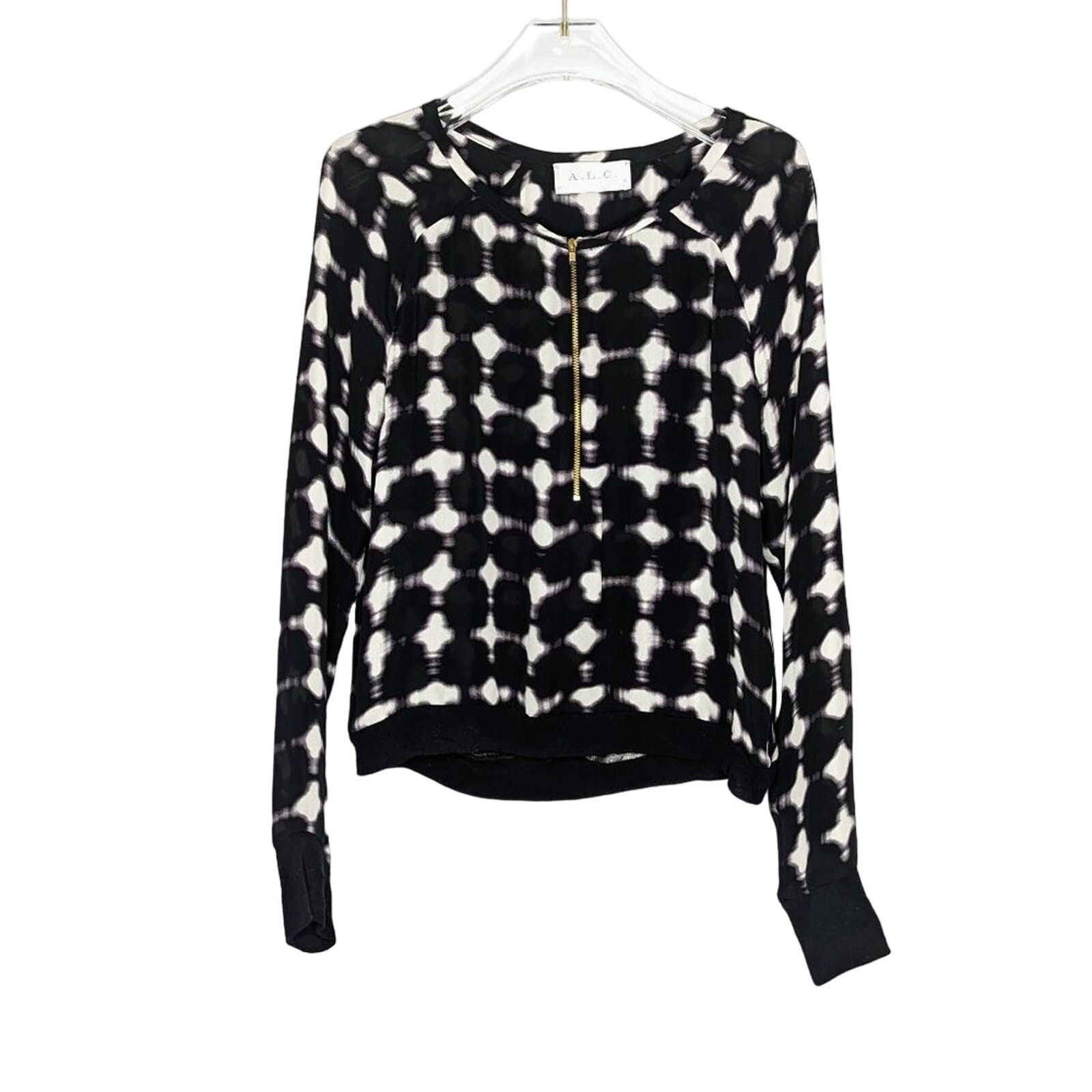 A.L.C. ALC Black White Tie Dyed Long Sleeve Silk Top Zip Neck XS Size XS / US 0-2 / IT 36-38 - 1 Thumbnail