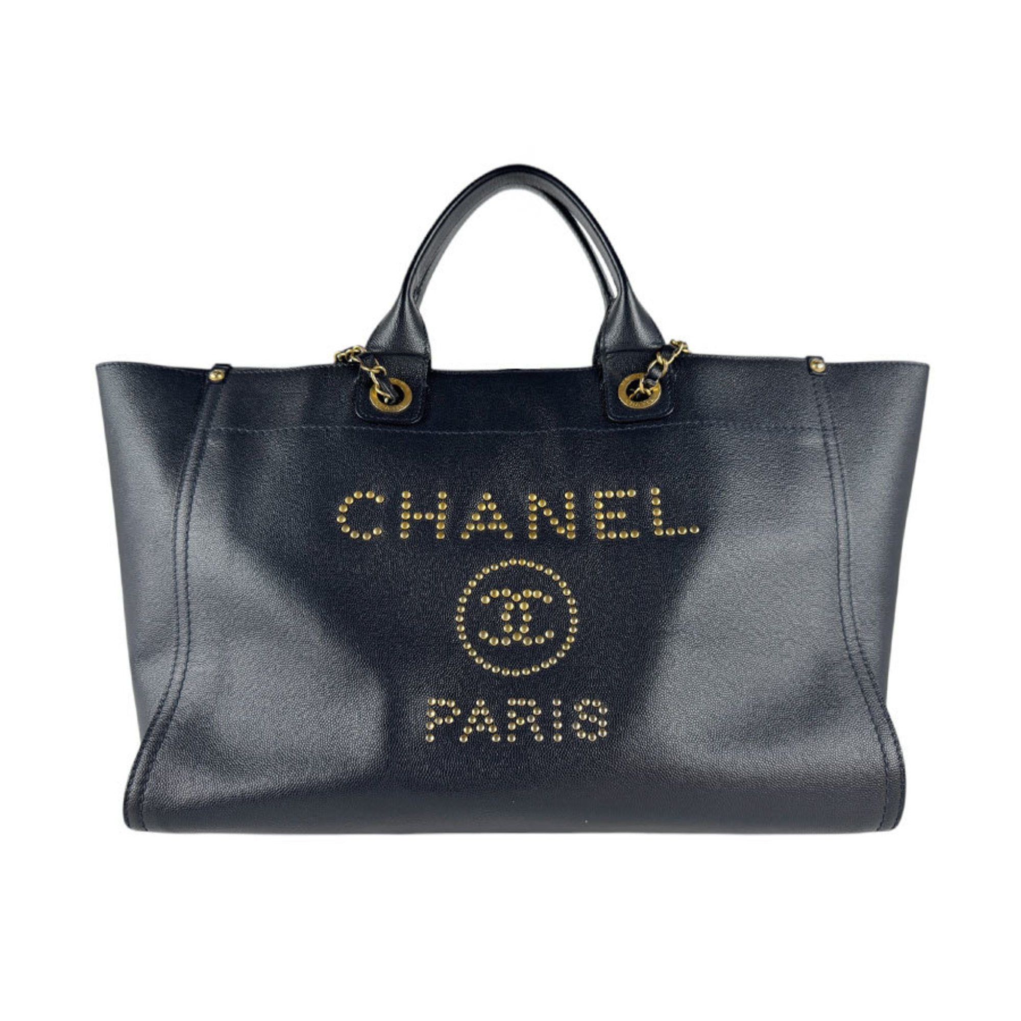 Chanel Handbag Shoulder Bag Deauville Gm Caviar Skin Leather Navy Gold Women's Z4677 in Blue