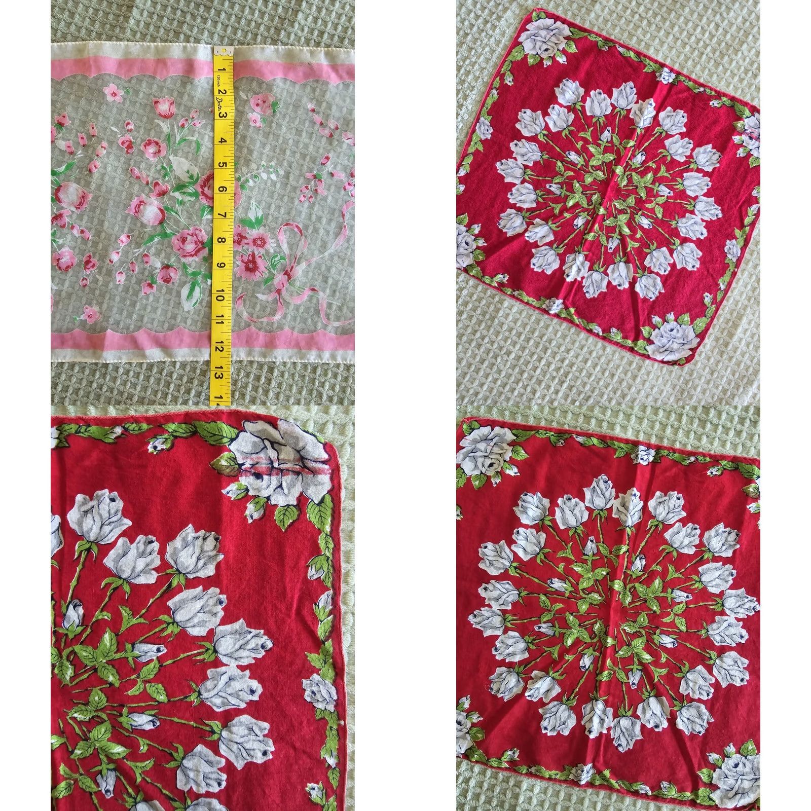 Vintage VINTAGE Mid Century Scarf Hankie Roses Spring Ethereal Whimsical Red Floral 1950s 1960s Women Size ONE SIZE - 8 Thumbnail