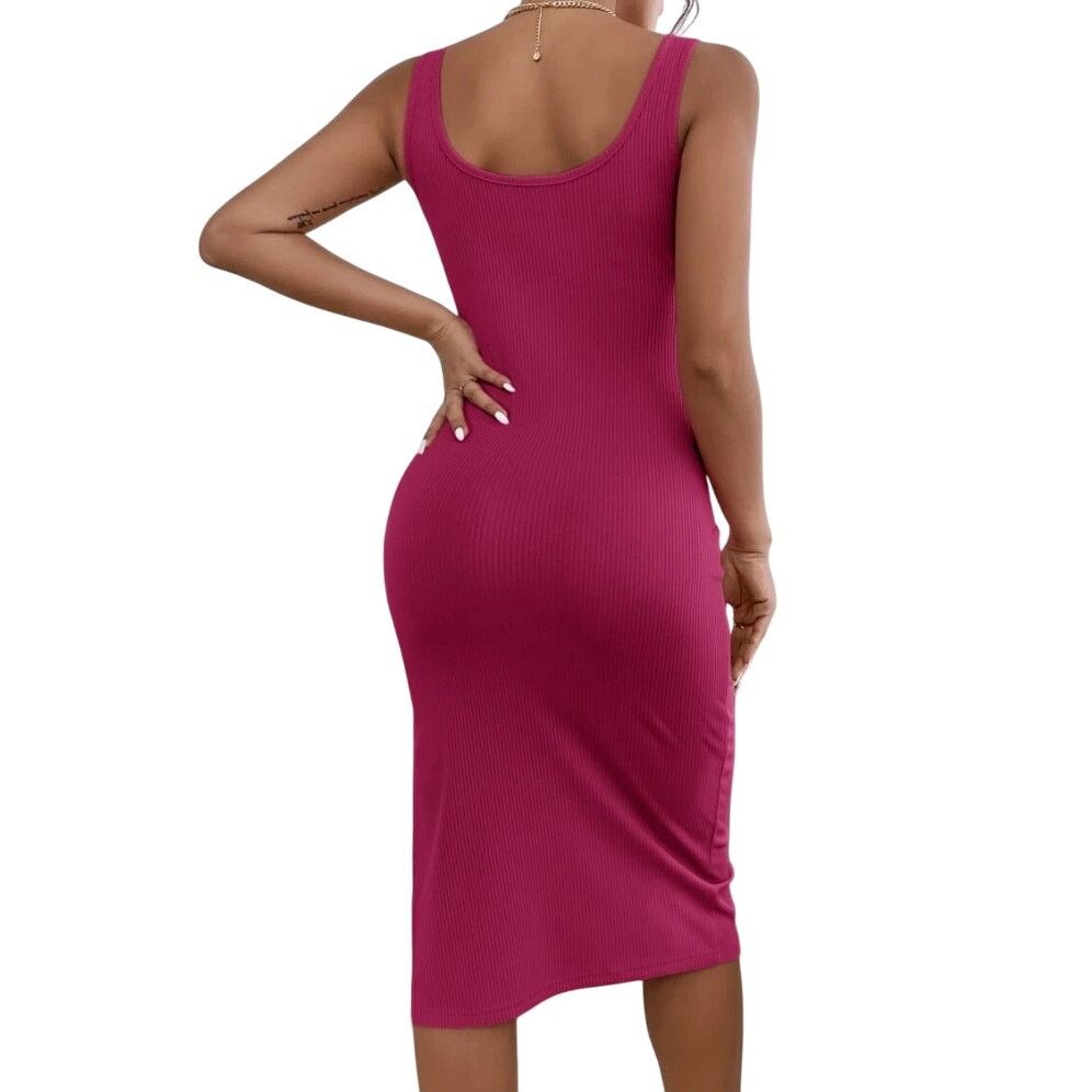 Shein Square Neck Slit Bodycon Midi Dress in Pink, Size L Size L / US 10 / IT 46 - 2 Thumbnail