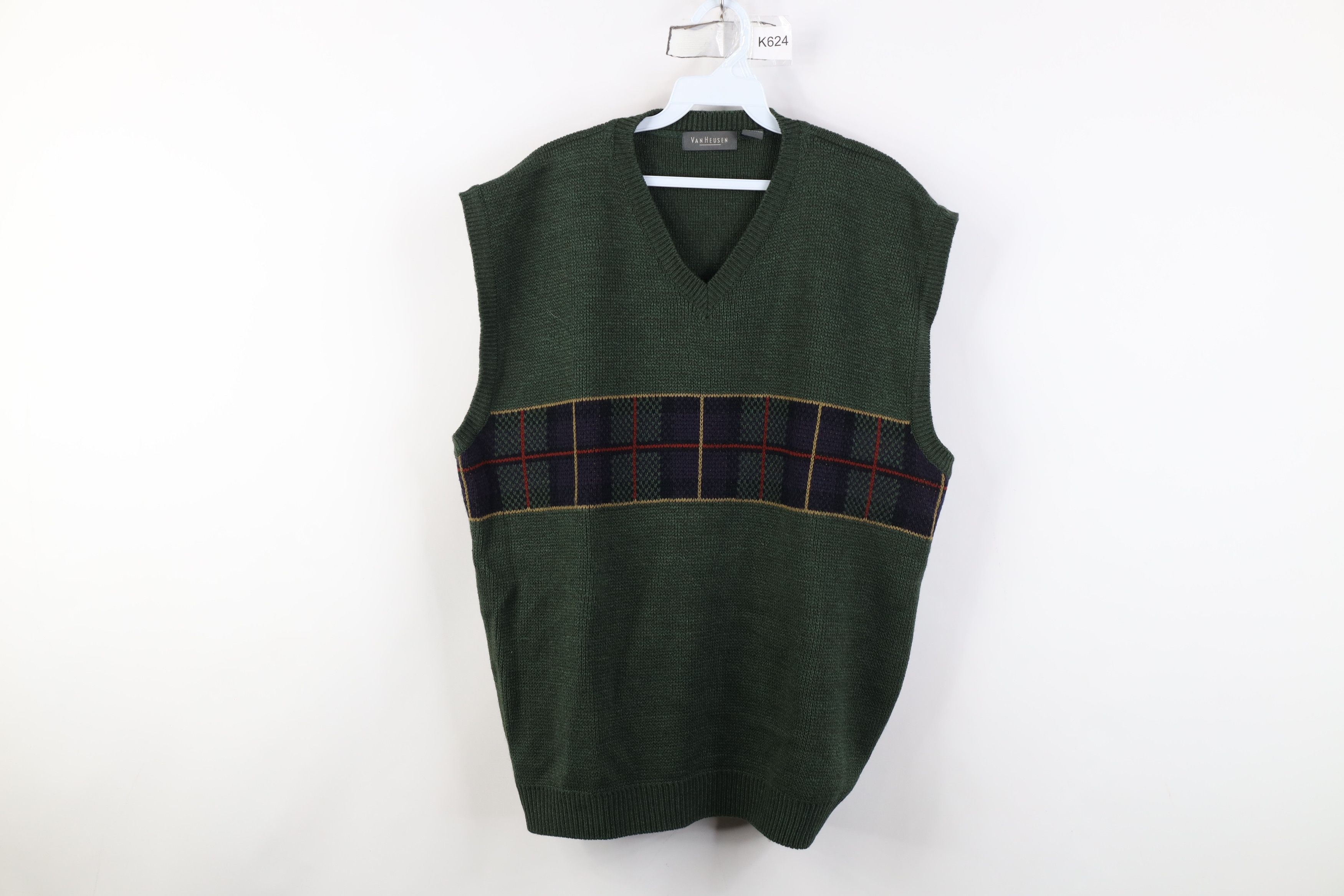 Vintage Vintage 90s Streetwear Knit V-Neck Sweater Vest Plaid Green Size US XL / EU 56 / 4 - 1 Thumbnail