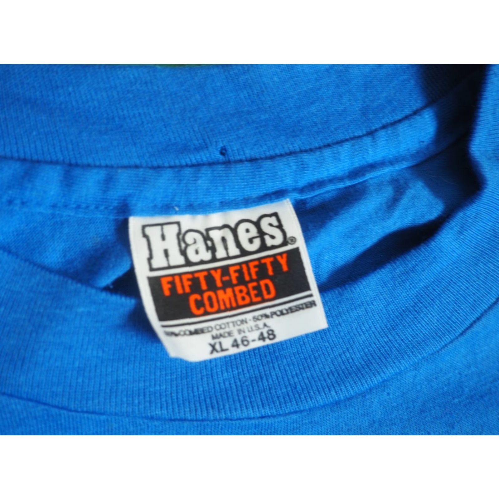 Hanes VTG 70s 80s Hanes Text Joke Tombstone Skull Humor 50/50 Blue Tee T-Shirt Mens L Size US L / EU 52-54 / 3 - 5 Thumbnail
