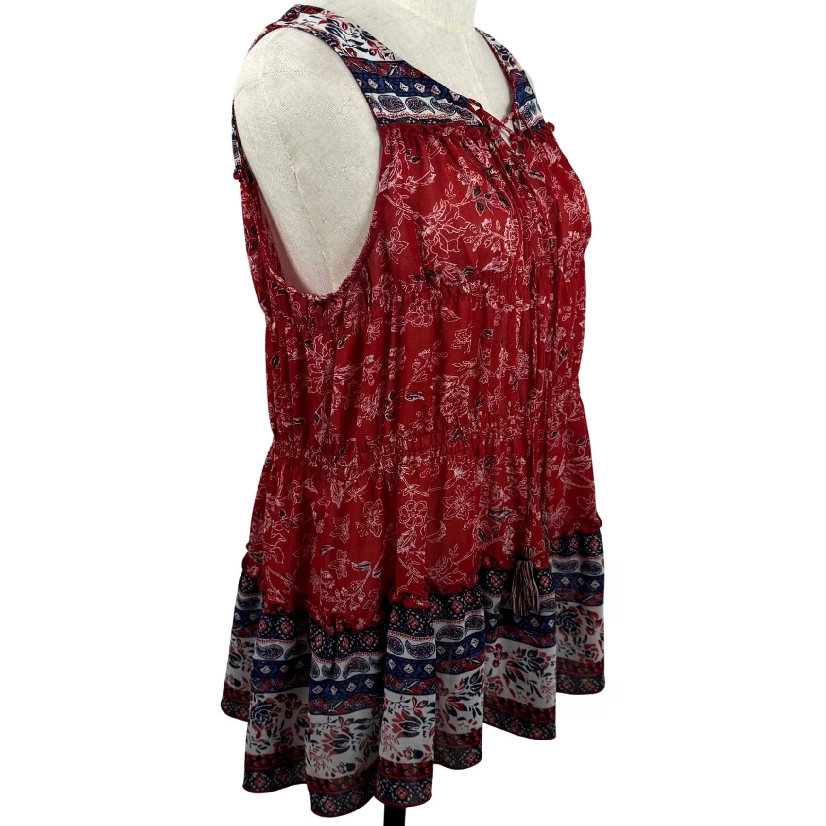 Vintage Knox Rose Womens S Blouse Sleeveless Red Floral Paisley Chiffon V-Neck Lace Up Tassel Boho Peplum Top Size S / US 4 / IT 40 - 4 Thumbnail