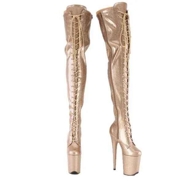 3020 Gold Glitter Patent 3020 Lace Up Thigh High Platform Bo