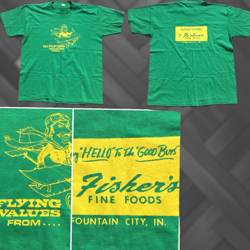 Vintage VINTAGE WPL 7190 T Shirt Men XL Green HI FLYING Jim Fisker’s Fine Foods Fountain City IN Graphic Tee Sportswear/Beach Size US XL / EU 56 / 4 - 1 Thumbnail