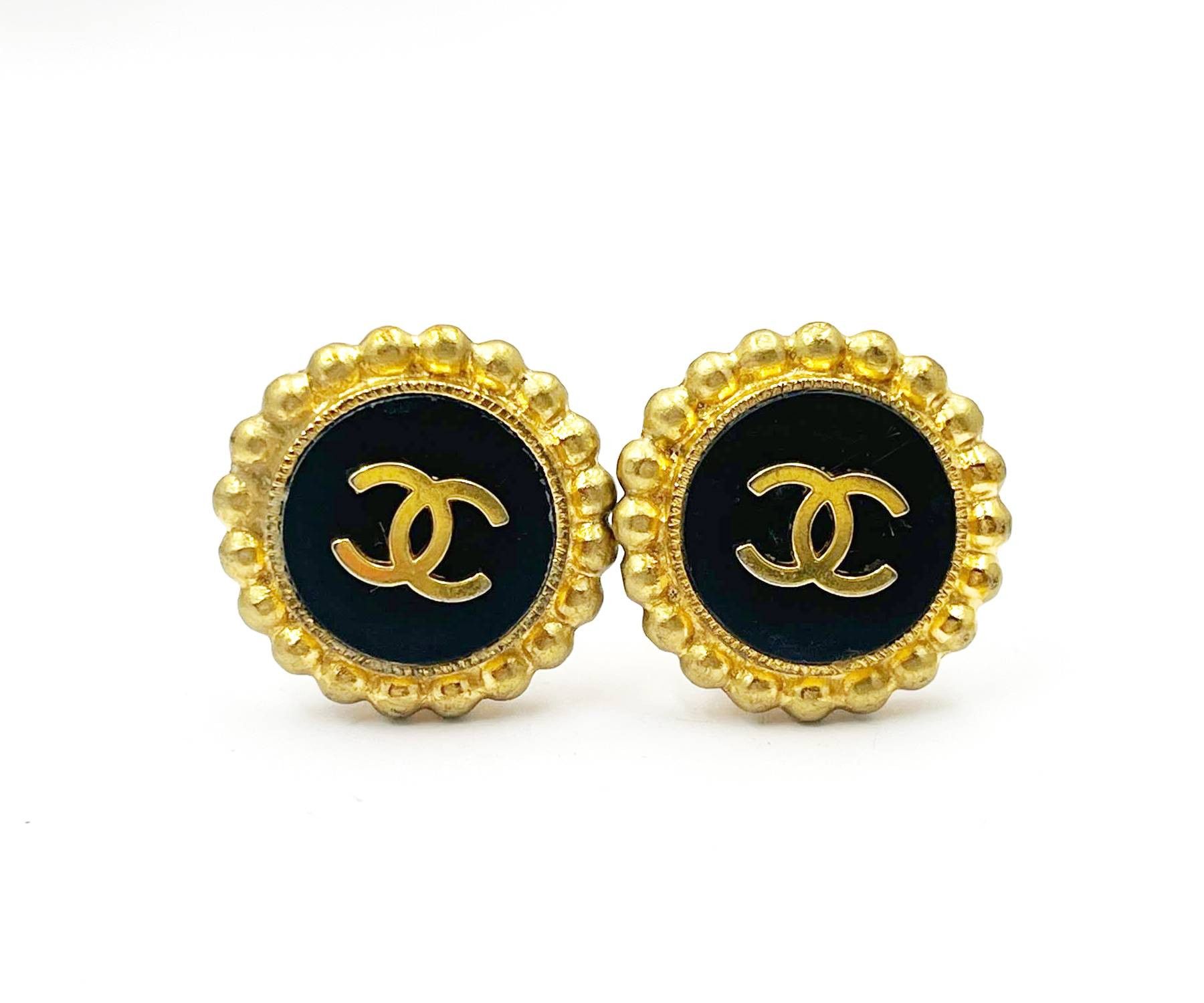 image of Chanel Gold Plated Cc Black Gold Dot Edge Earrings, Women's