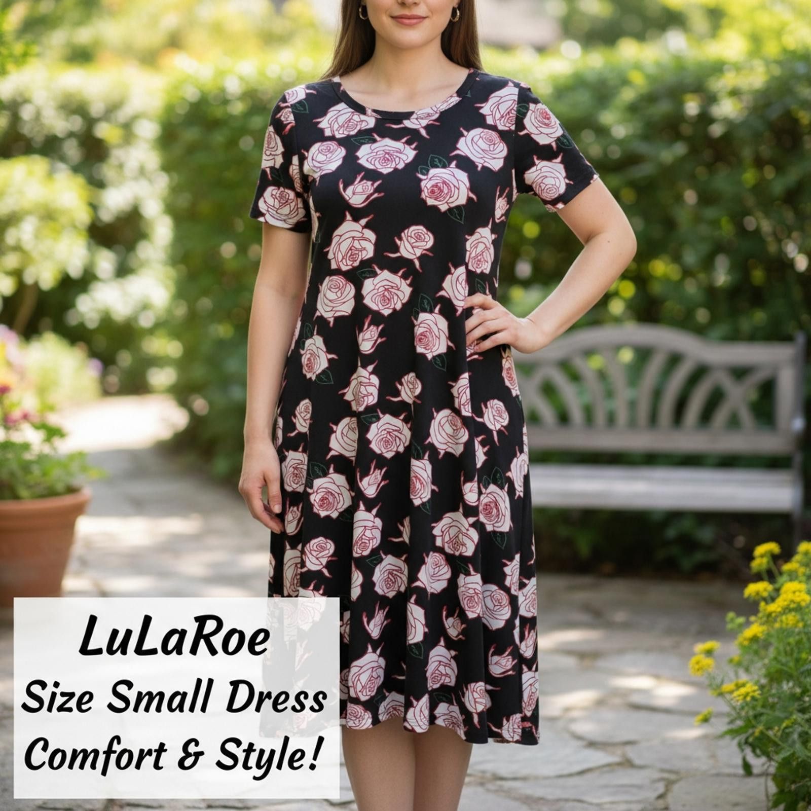 Other LuLaRoe Women's Midi Dress Size Small Black with Pink Rose Size S / US 4 / IT 40 - 2 Thumbnail