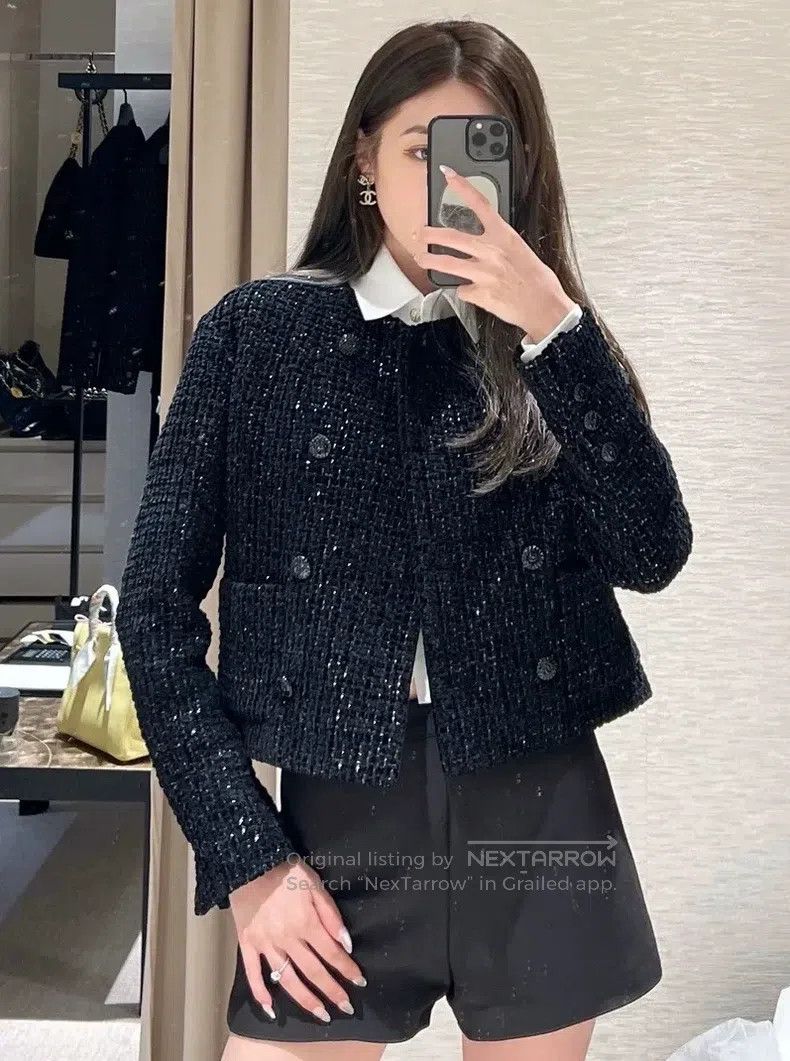 Chanel 22B black shiny velvet woven tweed jacket