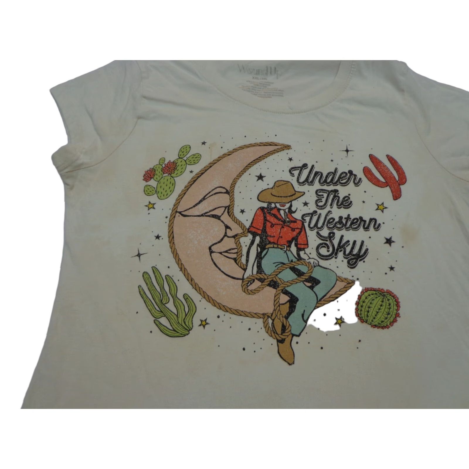 Vintage Wound Up T-Shirt Cowgirl Rope the Moon Western Sky 2XL Beige Cotton Blend Slim Short Sleeve Teens Brand: Wound Up Mens? Womens? Size XXL / US 16-18 / IT 52-54 - 1 Thumbnail