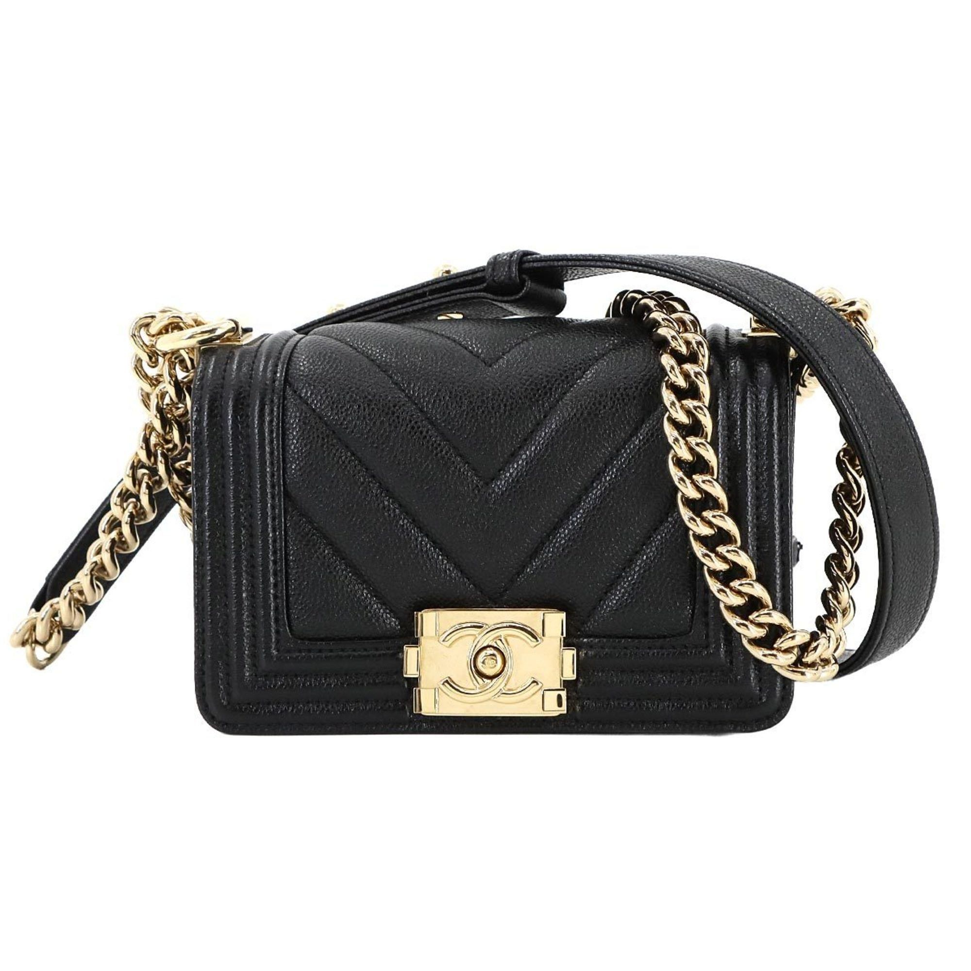 Chanel Boy Chanel Mini Chain Shoulder Bag Caviar Skin Black A67364 Gold Metal Fittings, Women's