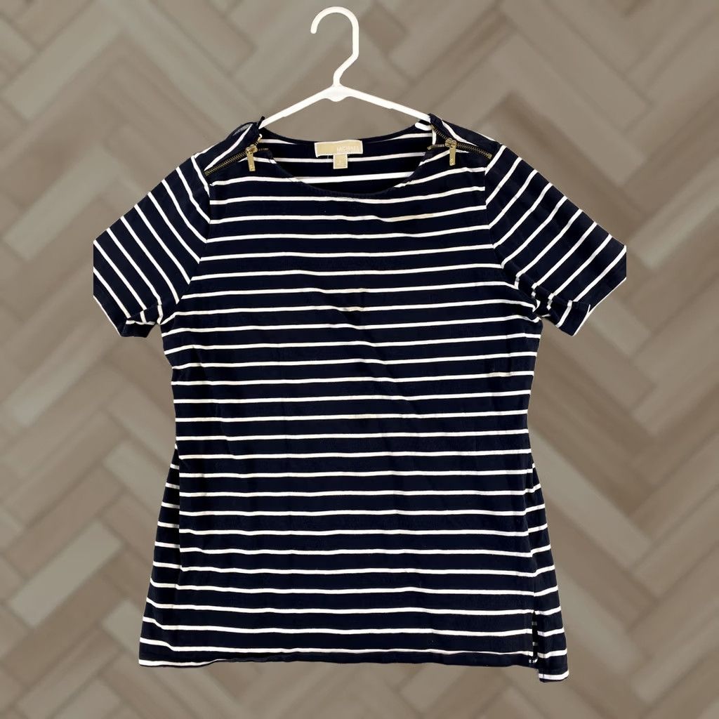 Michael Kors Michael Kors T Shirt Women’s Blue Gold Zip Cotton Size Large/ 37-12 Size L / US 10 / IT 46 - 1 Thumbnail