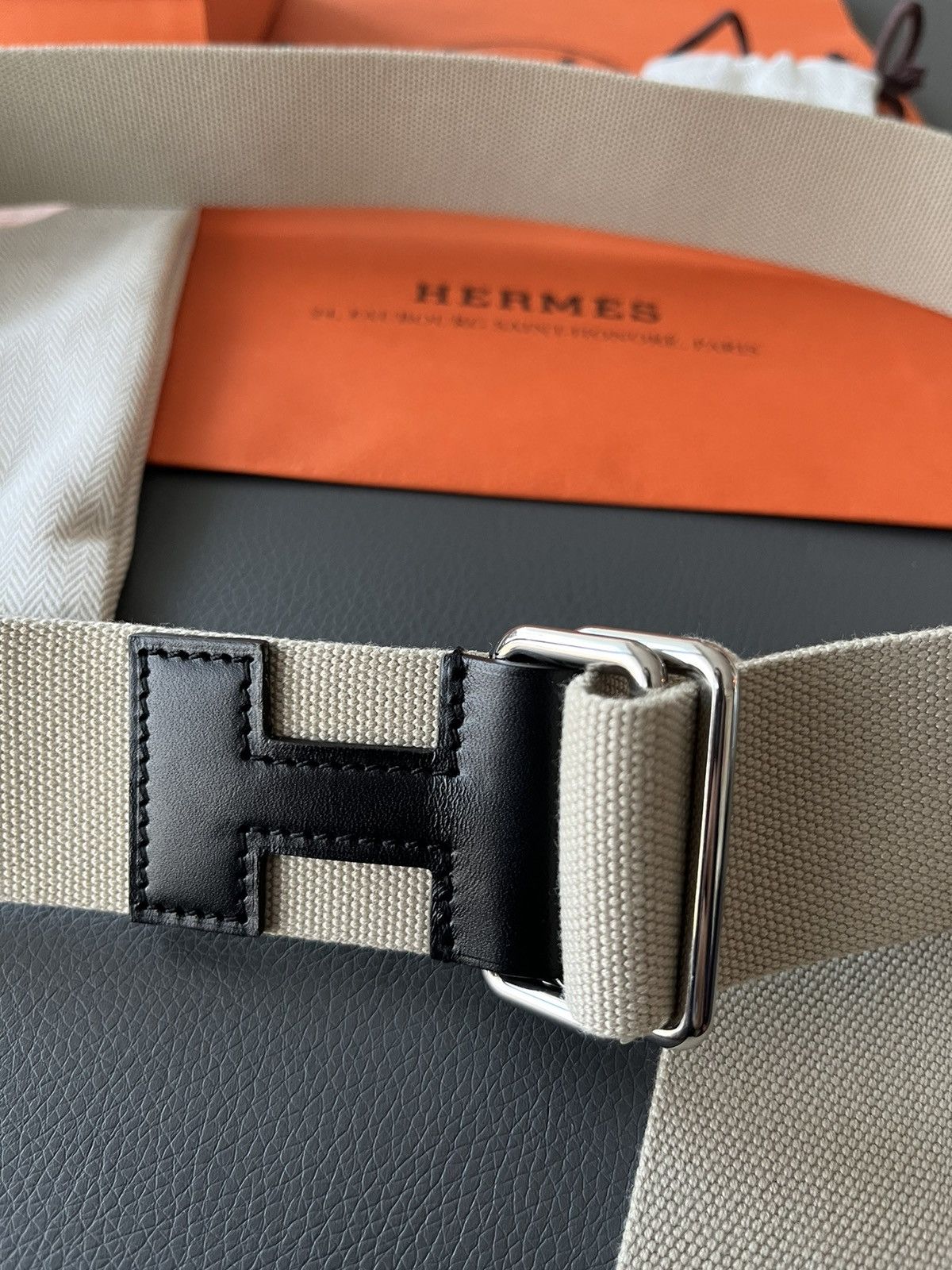 Hermes Limited Edition Hermes Brand New H Logo Leather Canvas Belt Size 34 - 17 Thumbnail
