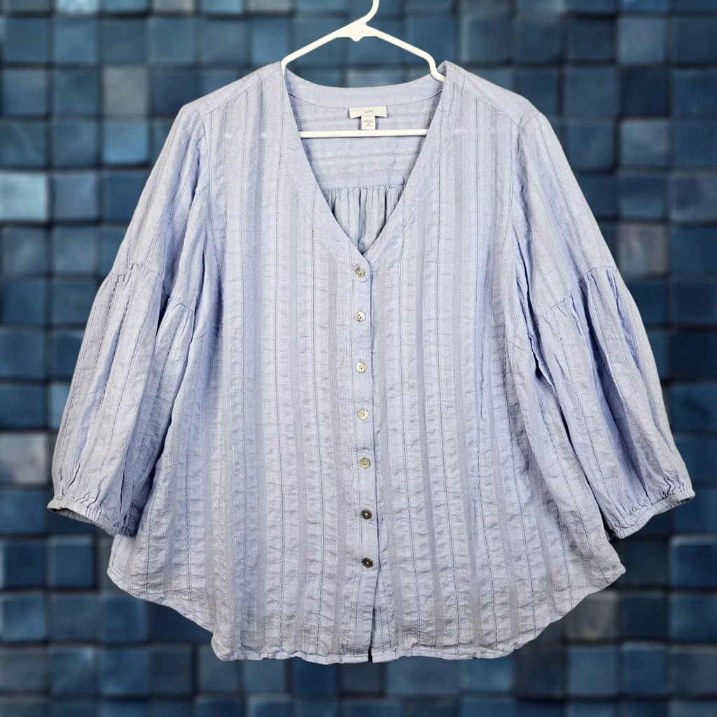 J. Jill J.Jill Women's Button-Up Relaxed V-neck Long Sleeve Blouse XL Blue Cotton Blend Rayon Solid Shirt Size XL / US 12-14 / IT 48-50 - 1 Thumbnail