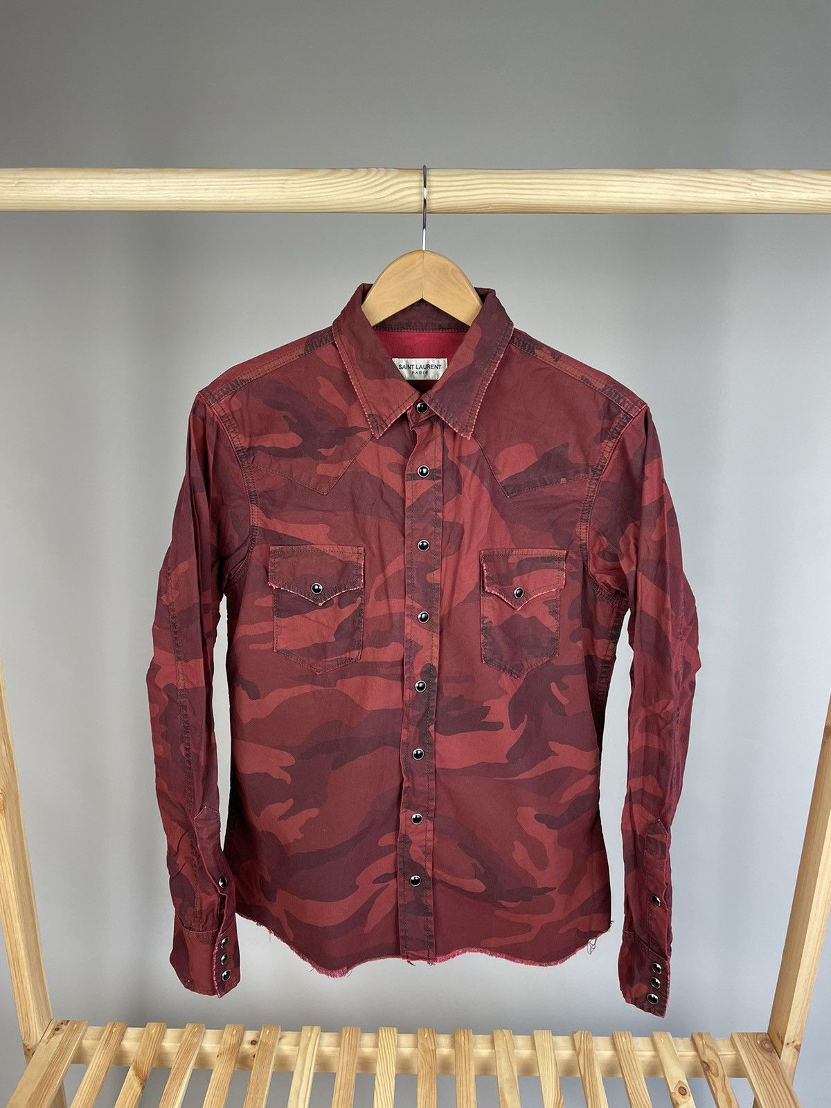 image of Saint Laurent Paris Saint Laurent Burgundy Camo Shirt, Men's (Size Medium)