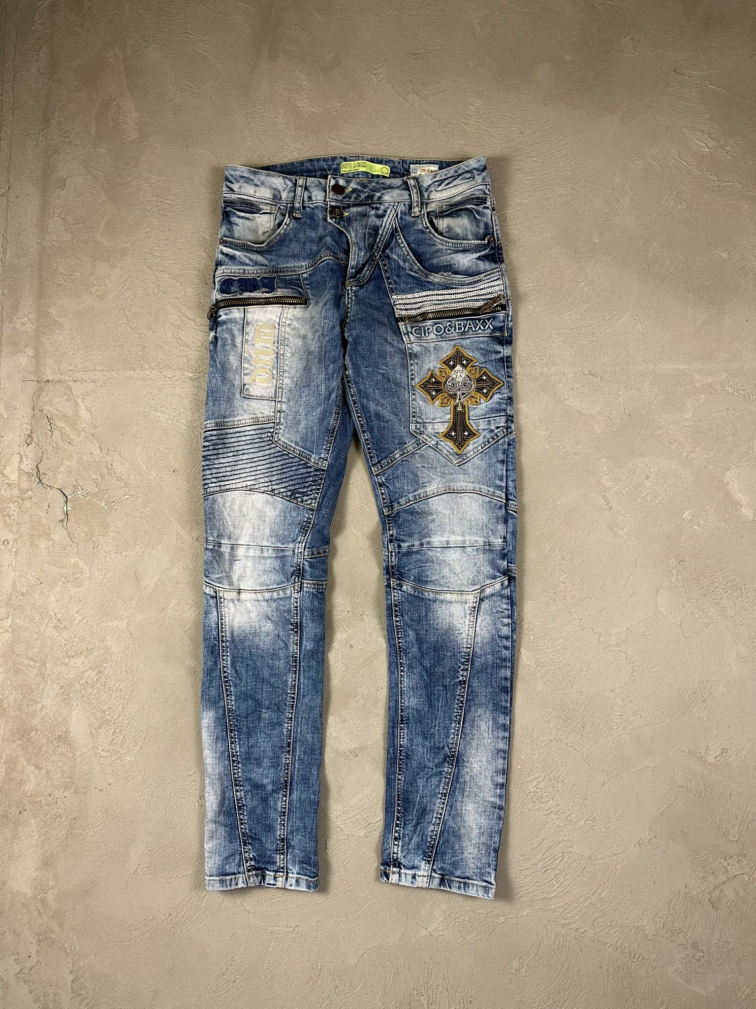 Japanese Brand Crazy Y2k Cipo & Baxx Cross Cross Faded Skinny Biker Jeans Size US 30 / EU 46 - 1 Thumbnail