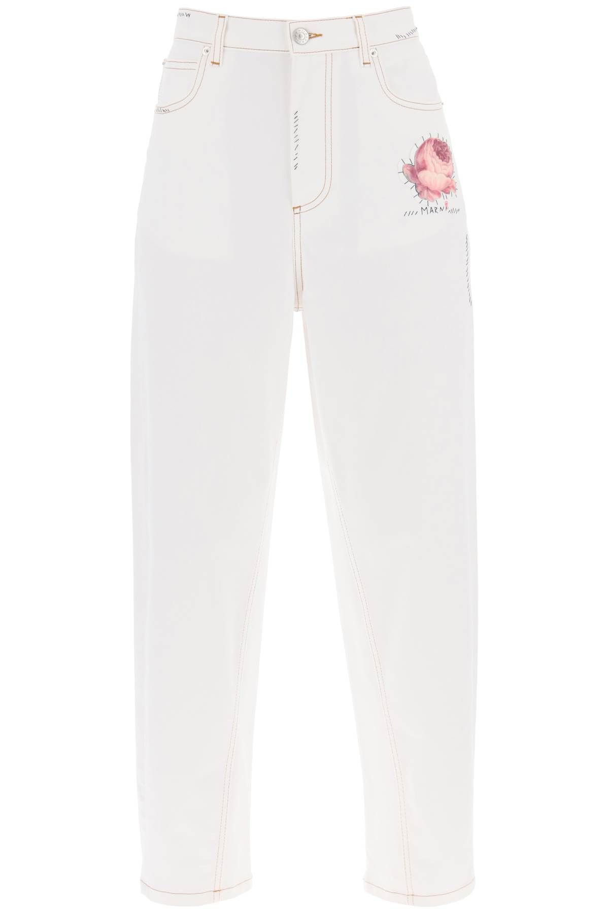 image of Marni "jeans With Embroidered Logo And Flower Patch in Lily White, Women's (Size 28)