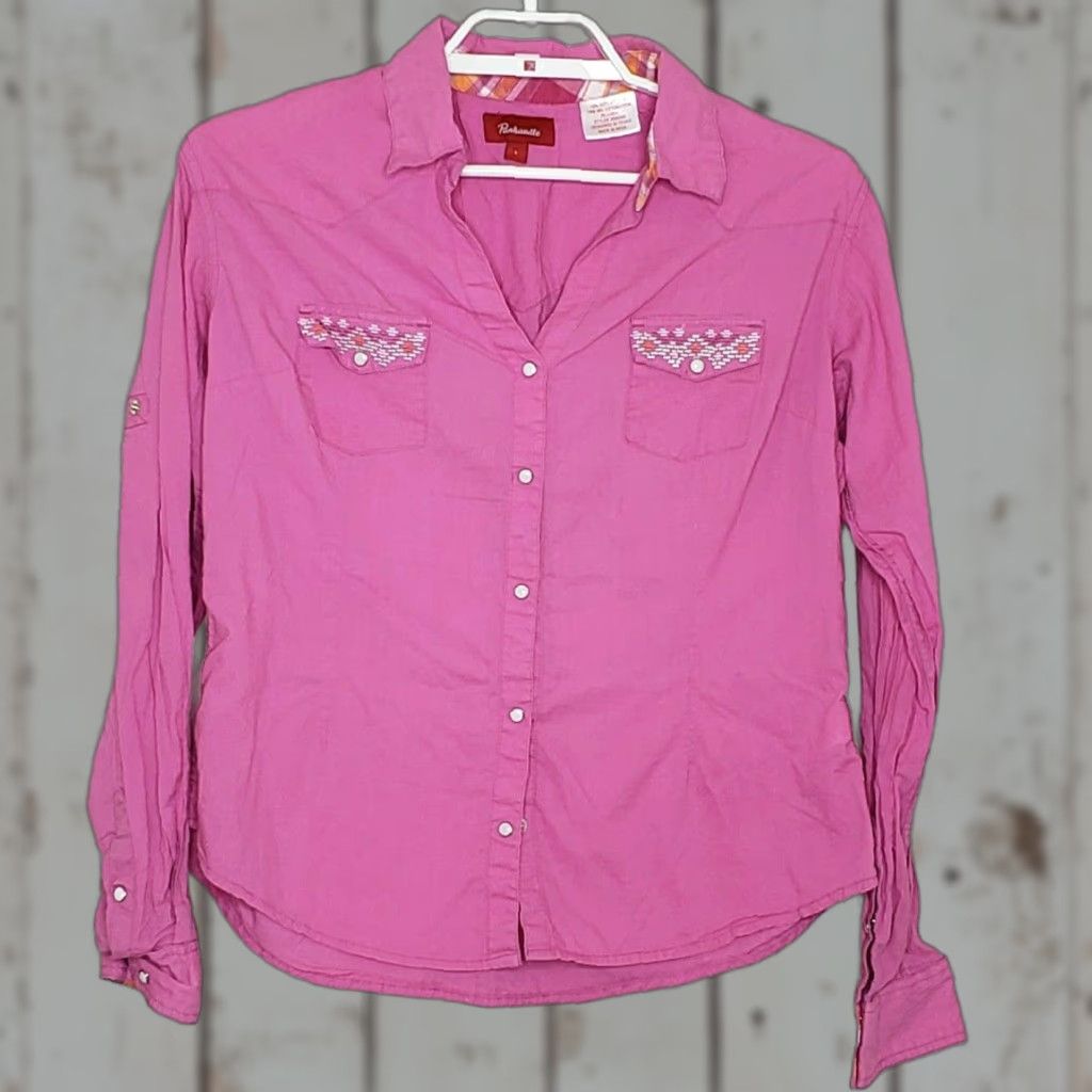 Vintage Panhandle Womens Western Pearl Snap Top L/S Pink V-Neck Collared Cotton Blend Embroidered Size L / US 10 / IT 46 - 1 Thumbnail