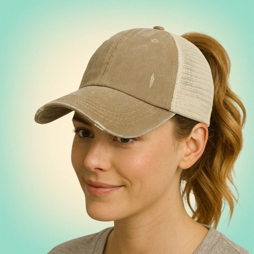 Other Distressed Cotton Ponytail Baseball Cap Beige Mesh Back Size ONE SIZE - 1 Thumbnail