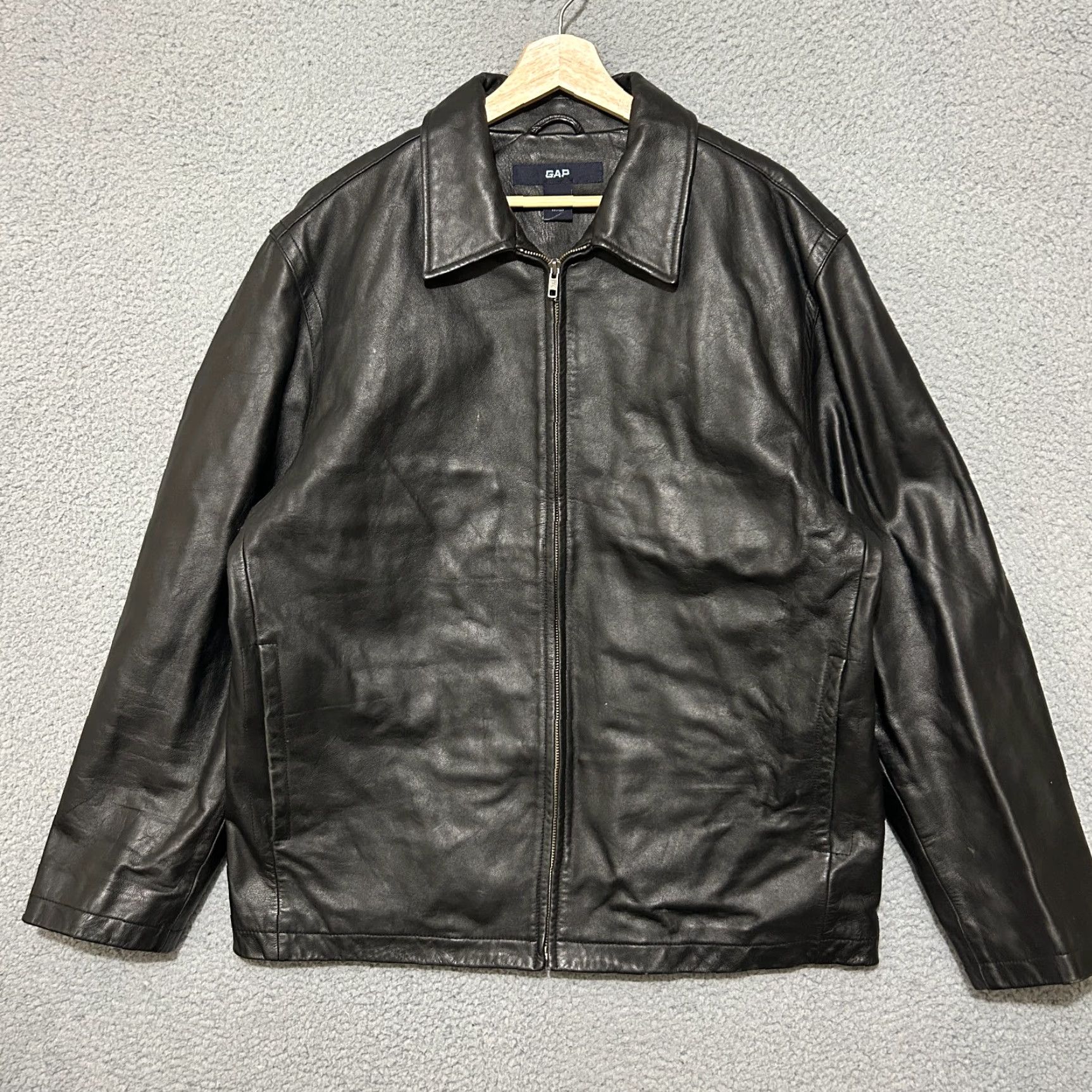 VINTAGE Gap Leather Jacket Men L Black Full Zip Motorcycle Bomber