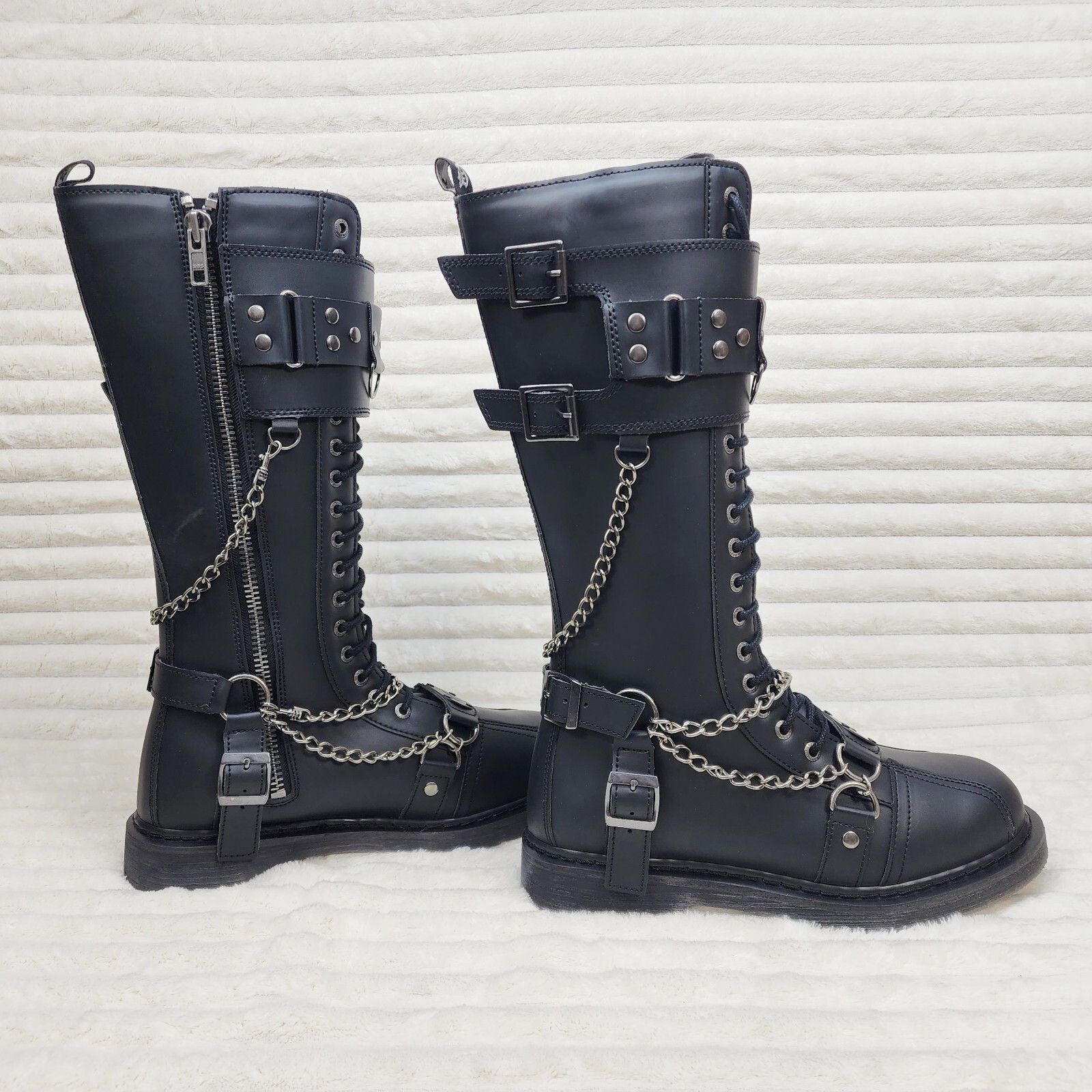 DEMONIA Bolt 415 Goth Combat Biker Knee Boots Black Matte Me
